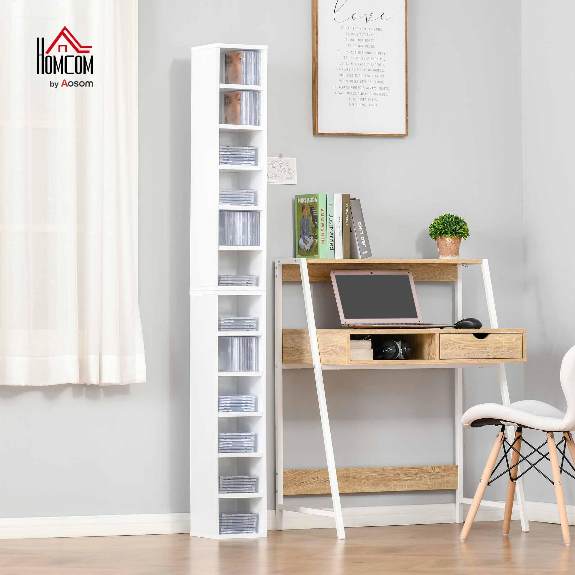 HOMCOM - Juego de 2 estanterías columnas armario de almacenamiento CD-DVD 6 + 6 compartimentos dim. 21 x 19 x 88 cm. Capacidad máx. 160 CD blanco