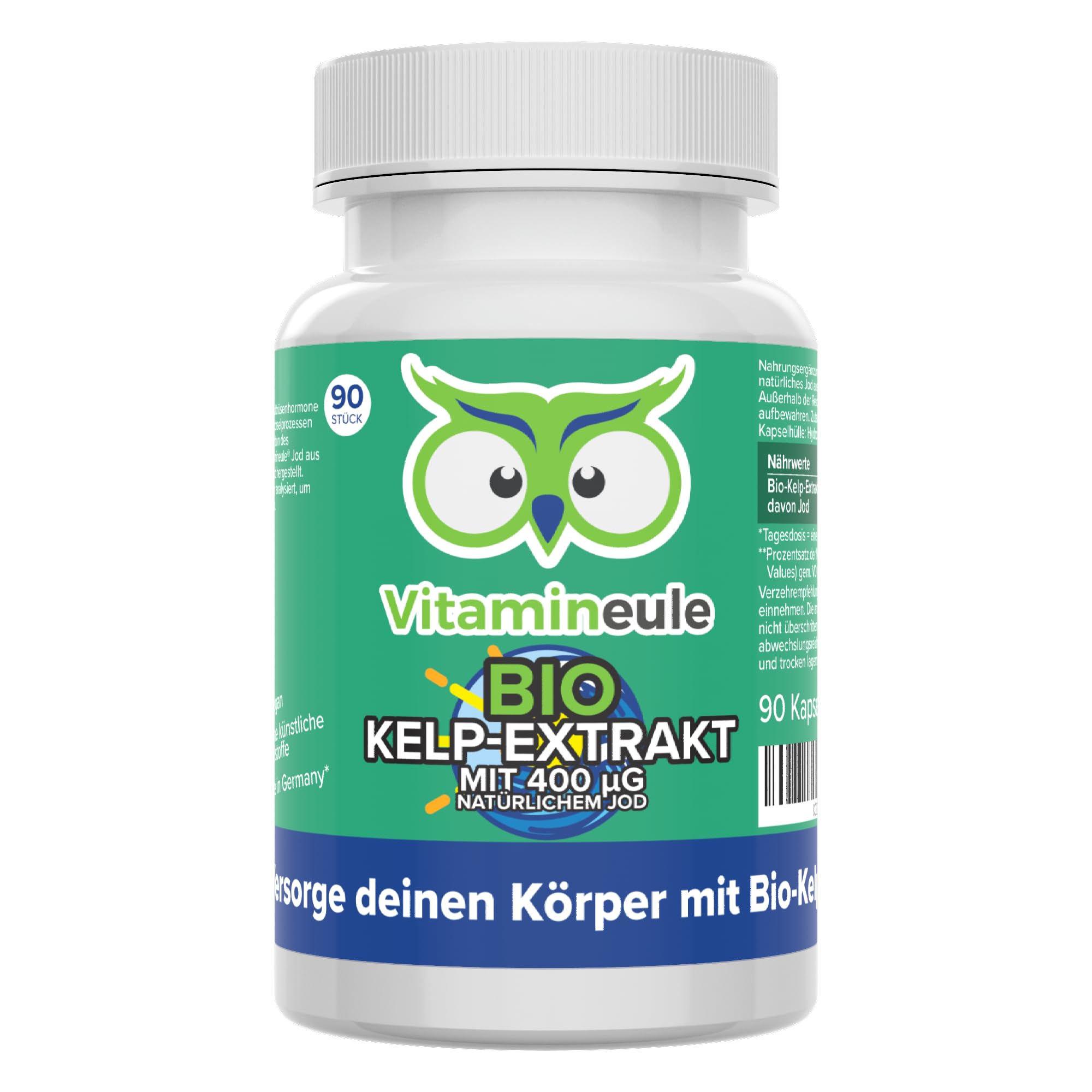 Jod Kapseln Bio - hochdosiert 400 µg aus Bio-Kelp (Braunalge) - bioaktiv & vegan - Produktion in Deutschland - Jod aus Meeresalgen - laborgeprüft & ohne Zusatzstoffe - Vitamineule®