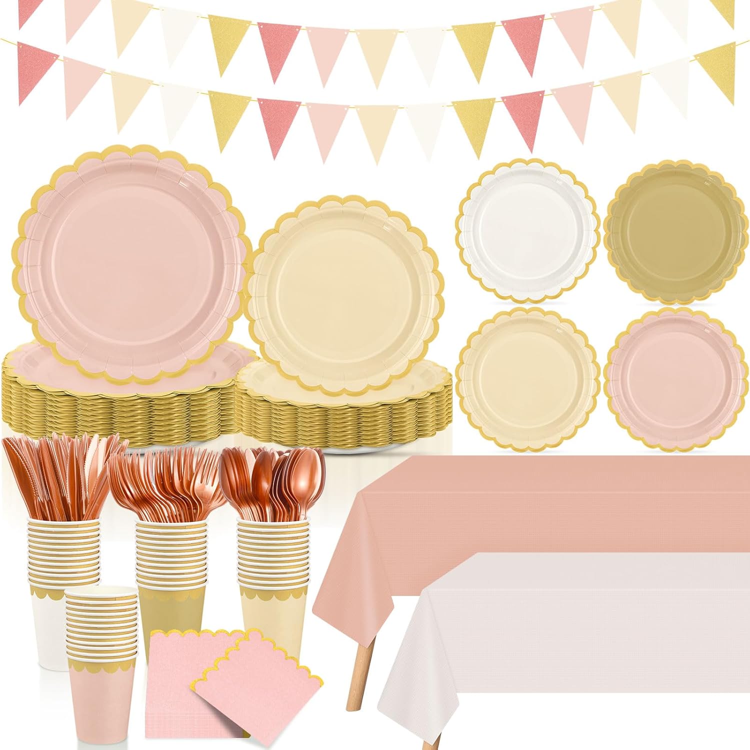 Mimorou 342 Pcs Pink and Orange Plates and Napkins Pink and Orange Tableware Paper Disposable Plates Napkins Cups Plastic Tablecloth Triangle Banner for Wedding Bachelorette Birthday Party Supplies