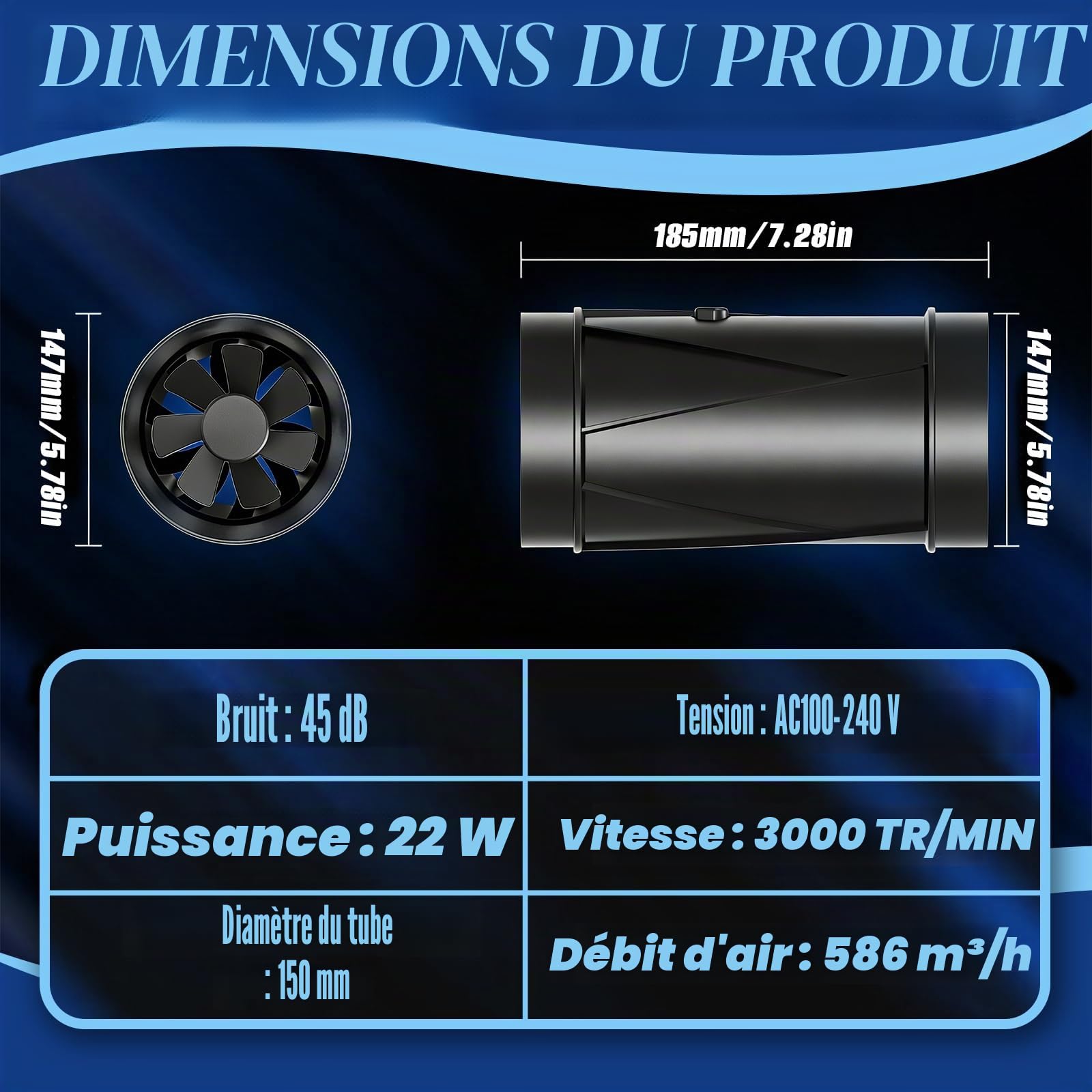 Extracteur D’air 150 mm, Ventilateur De Conduit 587 m³/h Avec Variateur De Vitesse 22W Économie D’énergie 3000 RPM Silencieux Ventilateur En Ligne Pour Tente De Culture Sous-sol Cuisine Salle