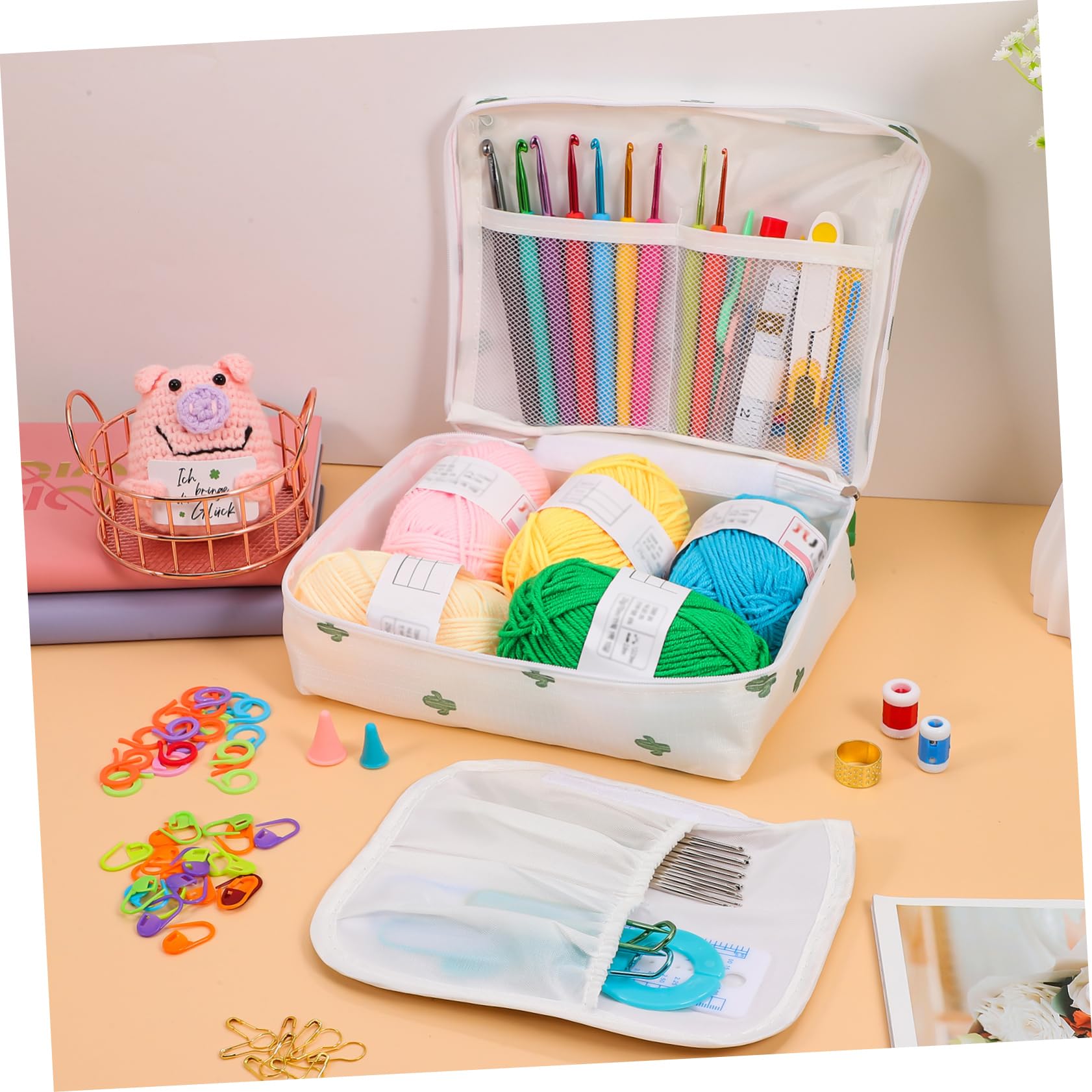 Kit de Crochet para Principiantes Adultos, 1 Juego de Herramientas | Bolsa de Transporte, Hilo y Accesorios de Plástico, Medición Incluida, para Manualidades Portátiles