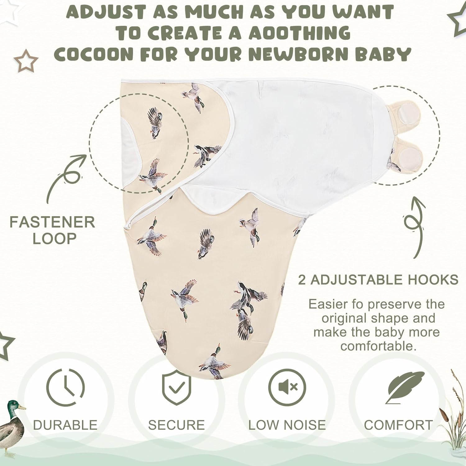 CroBlissful 4 Pack Mallard Duck Swaddles for Newborns Cotton Adjustable Sleep Swaddle for 0-3 Months Infant Baby Boys Girls Breathable Soft Newborn Wrap Wearable Blanket Improves Sleep(Mallard Duck)