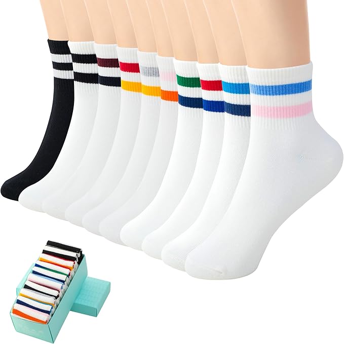 SISOSOCK Quarter Crew Cotton Socks for Women Striped Athletic Casual Breathable Socks 10 Pairs with Gifts Box
