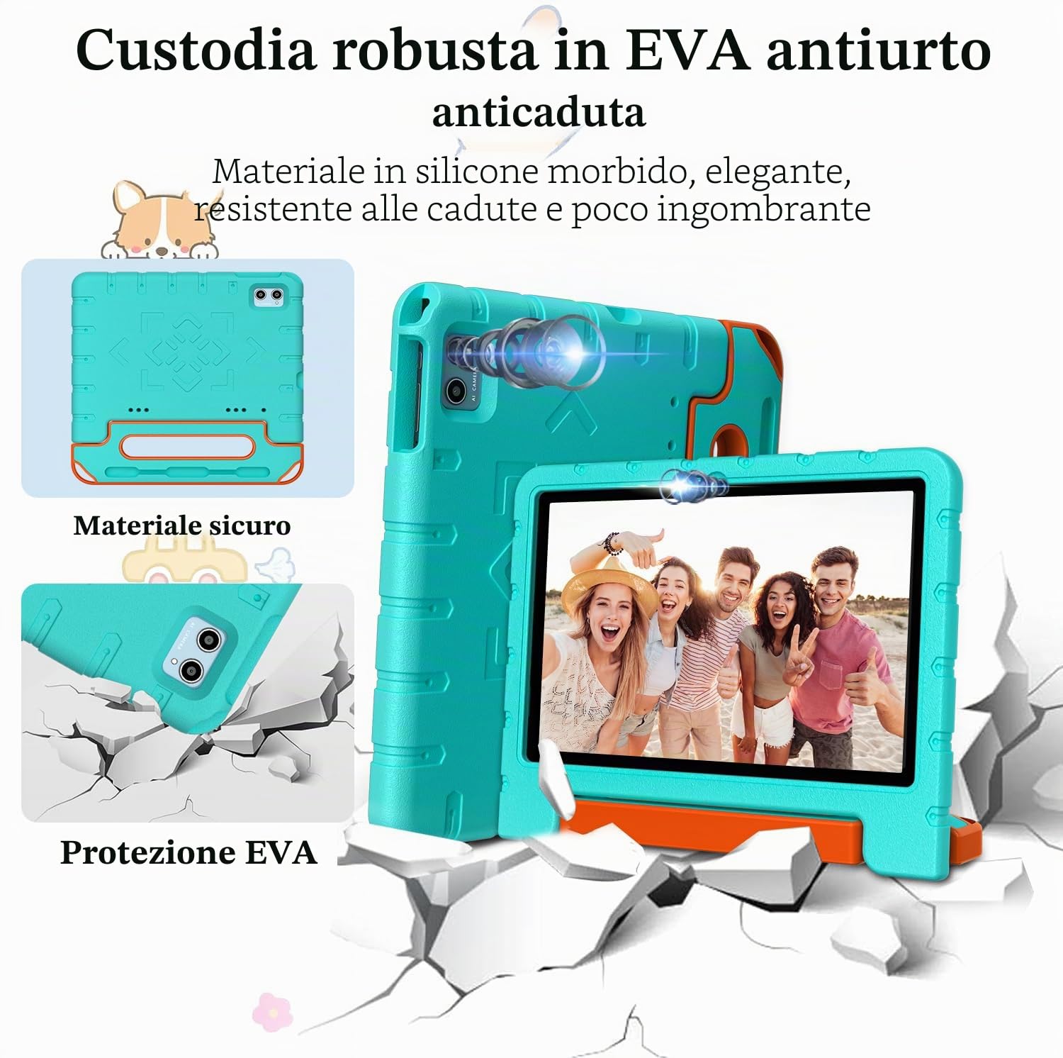 ZIOVO Tablet Bambini 10 Pollici Tablets Android 15, 30GB RAM+64GB ROM(TF 2TB), 5G WiFi Tablets,Gemini AI/Octa-Core/Widevine L1/Face ID/Parentale Controllo/6000 mAh/BT 5.0, Tablet con Eva Caso- Verde