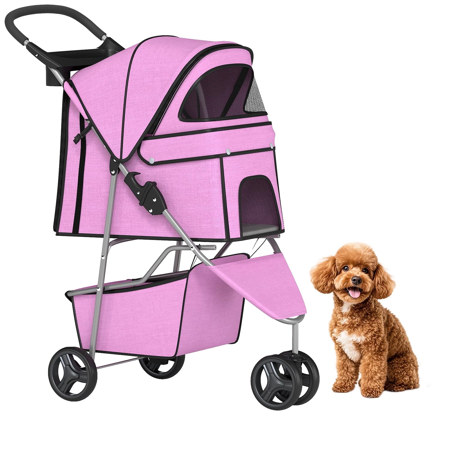 BestPet | 3-Wheel Pet Stroller | Pink | Foldable Dog and Cat Stroller | Breathable Mesh | Lightweight, Waterproof Travel Carrier with Cup Holder & Storage Basket
