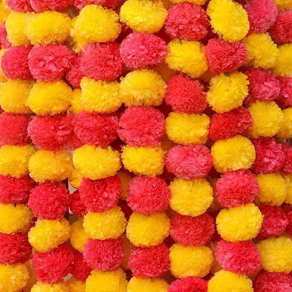 BML 5 Pcs Marigold Garland Artificial Flowers for Wedding Party 5 Feet long Faux Garlands Wedding Party, Diwali, Mehndi, Christmas Decoration Photo Prop for Home (Lemon Yellow and Magenta)
