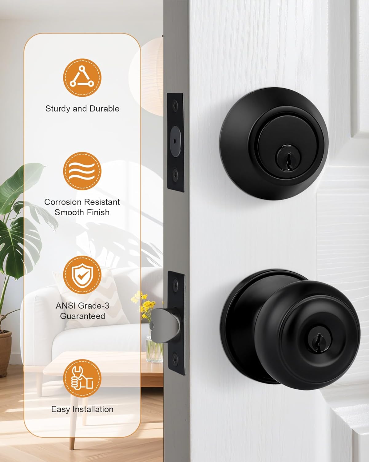 Probrico Black Door Knob and Single Cylinder Deadbolt with Same Key, Keyed Alike Entry Door Locksets with Knob and Deadbolt for Front Door, 3 Pack