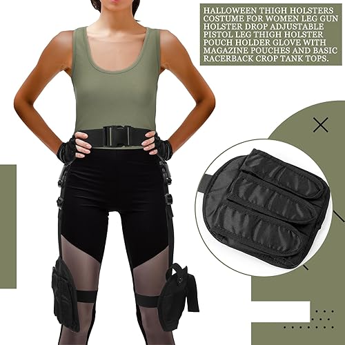 Miniatura 10 de Jiuguva 3 piezas de disfraz de Halloween para mujer, pistolera de pierna ajustable, guantes de cuero, camisetas sin mangas