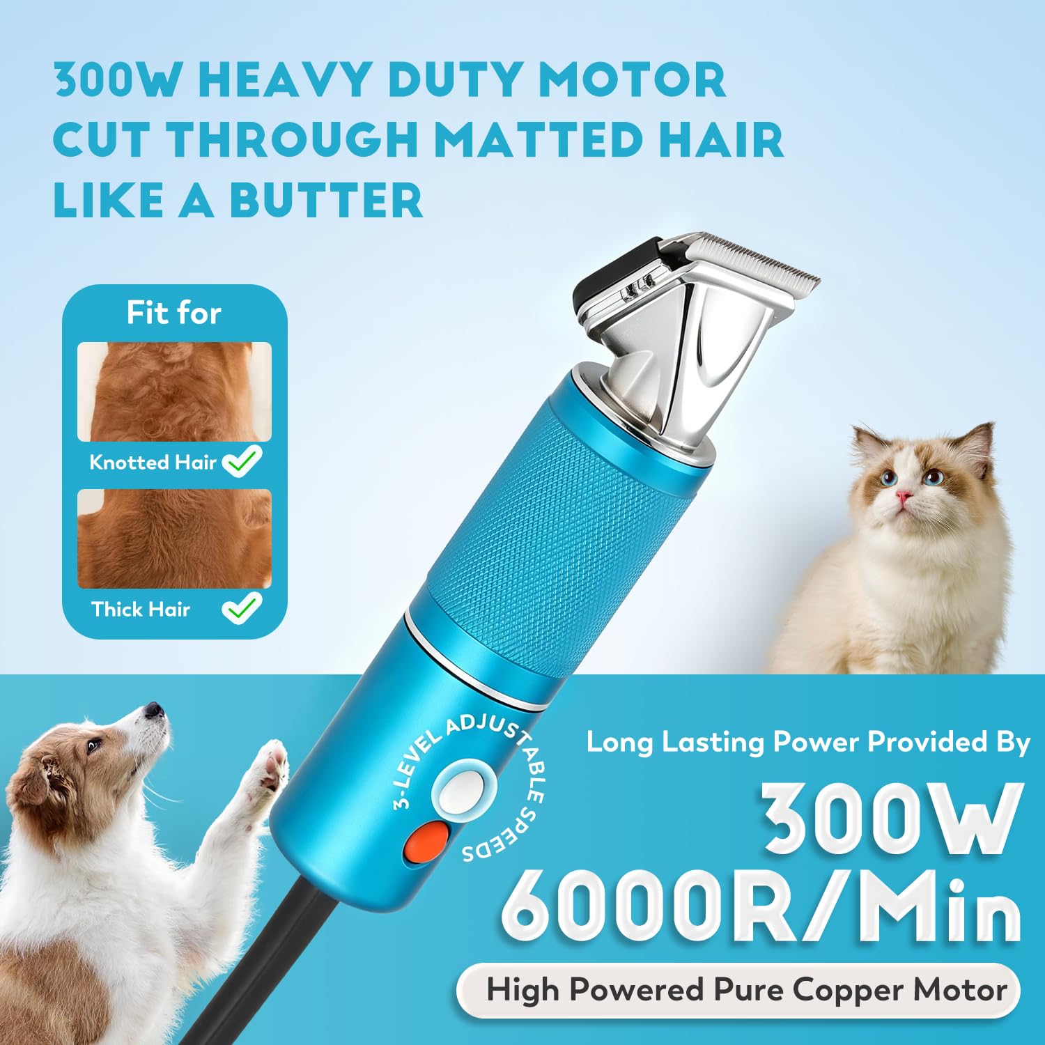 CGOLDENWALL 300W Tosatrice per Cani per Animali di Tutti i Tipi di Pelo, Velocità Regolabile su 3 Livelli da 2000-6000 giri/min, Cavo da 3 m, Rumorosità< 50DB, Con 2 Lame& 2 Pettini (3/6 mm, 9/12 mm)