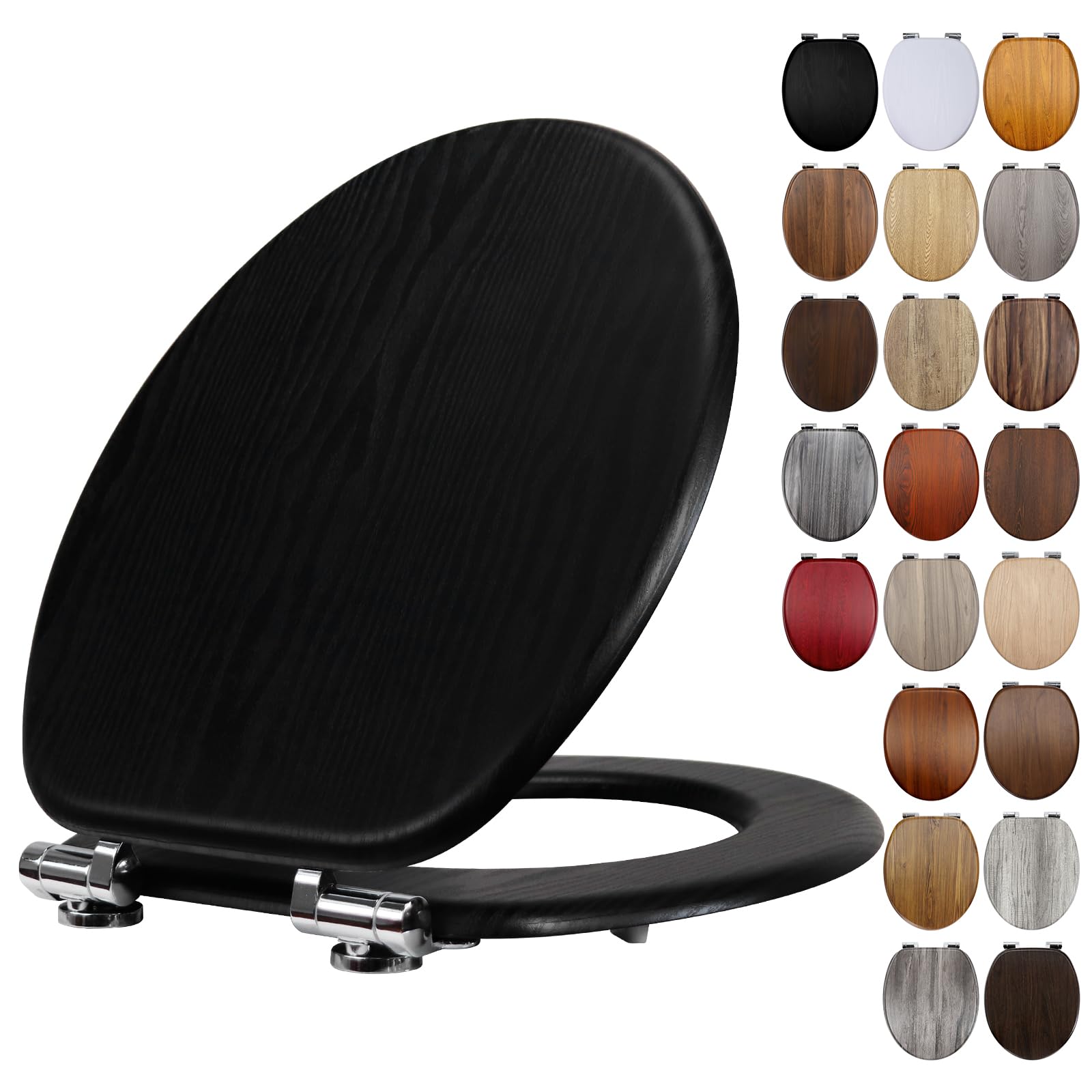 Fanmitrk Black Wooden Toilet Seat with Soft Close Adjustable Solid Hinges, MDF Wood Oval Toilet Seat (JHE1889-01) — image 1