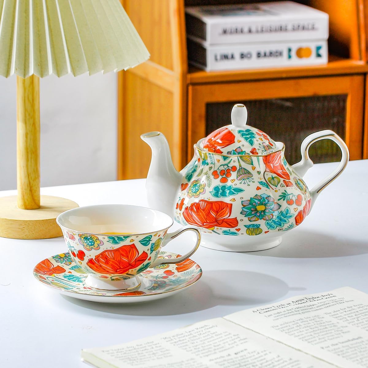 Ceramic 6.8 Oz Coffee Cup Mug with Saucer,Porcelain Vintage Floral Cups Set for Tea Party, Latte, Cappuccino Tea,Gift for Women (1, Red-Flower)