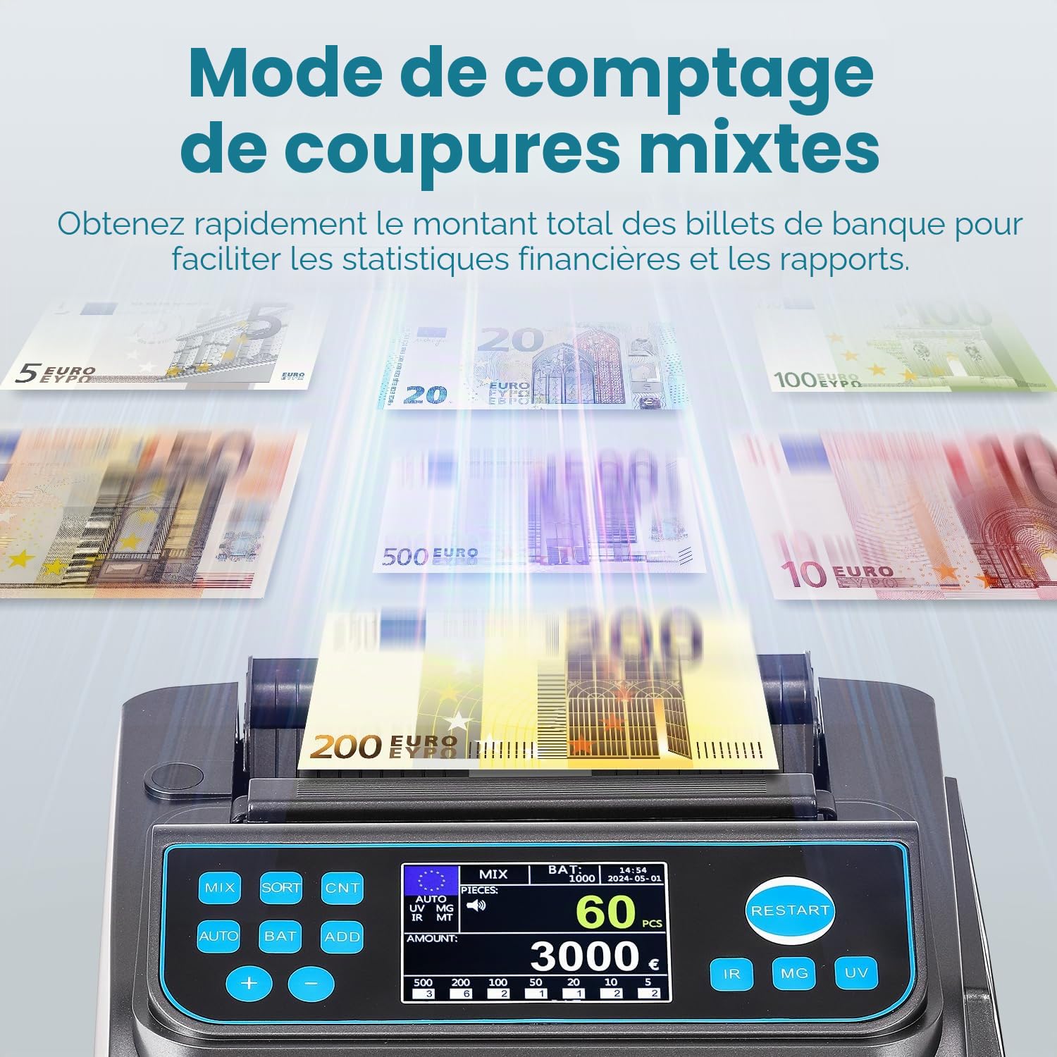 Bonvoisin Compteuse de Billets Professionnelle, Comptage de Valeurs pour Coupures Mixtes en EUR, Machine à Compter les Billets avec Détection des Contrefaçons UV/MG/IR/MT/DD, 1000 Billets/Min (EU)