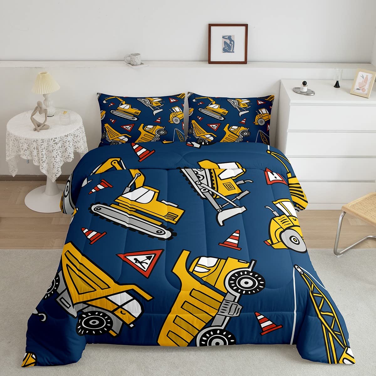 Feelyou Excavator Comforter Set Construction Vehicles Bedding Set Cartoon Truck Comforter Heavy Equipment Trucks Quilted Duvet Set for Kids Boys Girls Twin