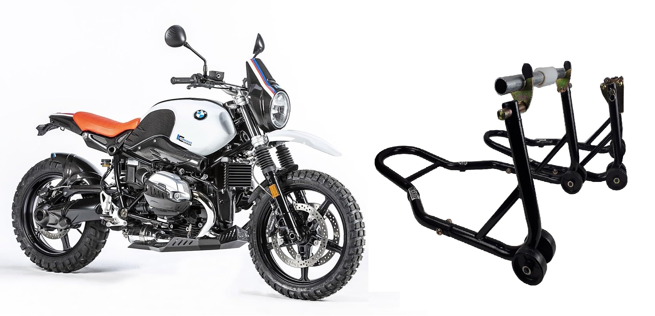 Coppia 2 cavalletti alzamoto alza moto per alzare sollevare la ruota posteriore e anteriore davanti e dietro frontale compatibile con BMW R nine T 1200 nineT urban GS pure o scrambler