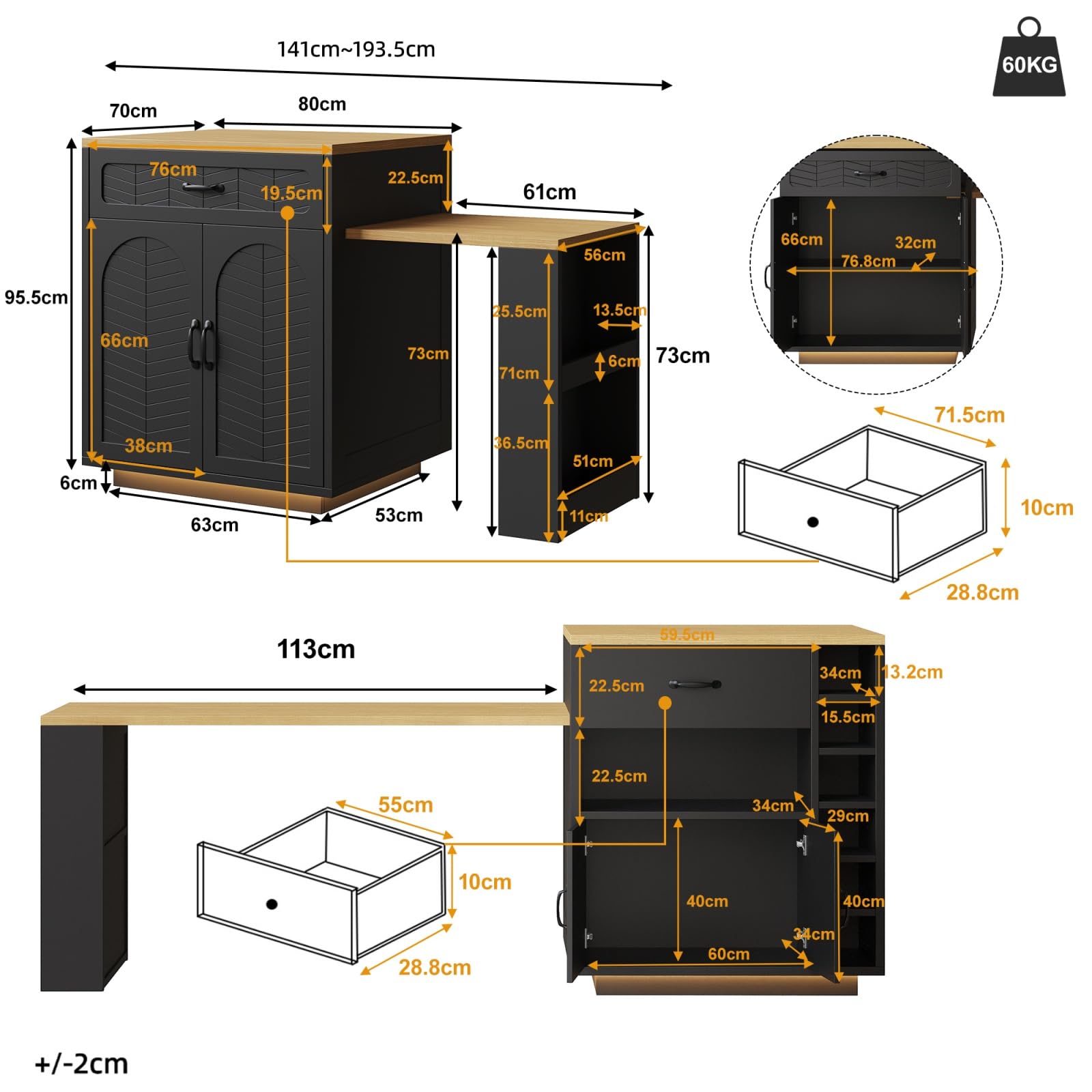 YEHTOKHOME Îlot Central Cuisine avec Plan de Travail Extensible 140-193 cm, Table de Bar avec Rangement, 2 Tiroir et 4 Portes, Armoire à Vin, Éclairage LED, pour 4-6 Personnes Salle à Manger (Noir)