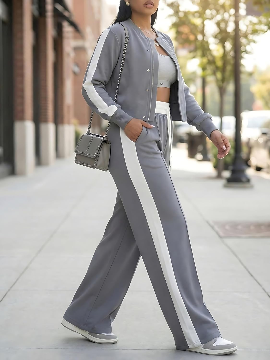 Akmipoem Track Suits for Women Set 2 Piece Outfits Color Block Zip Up Jacket Wide Leg Pants Casual Sweatsuit Airport Travel - Image 4