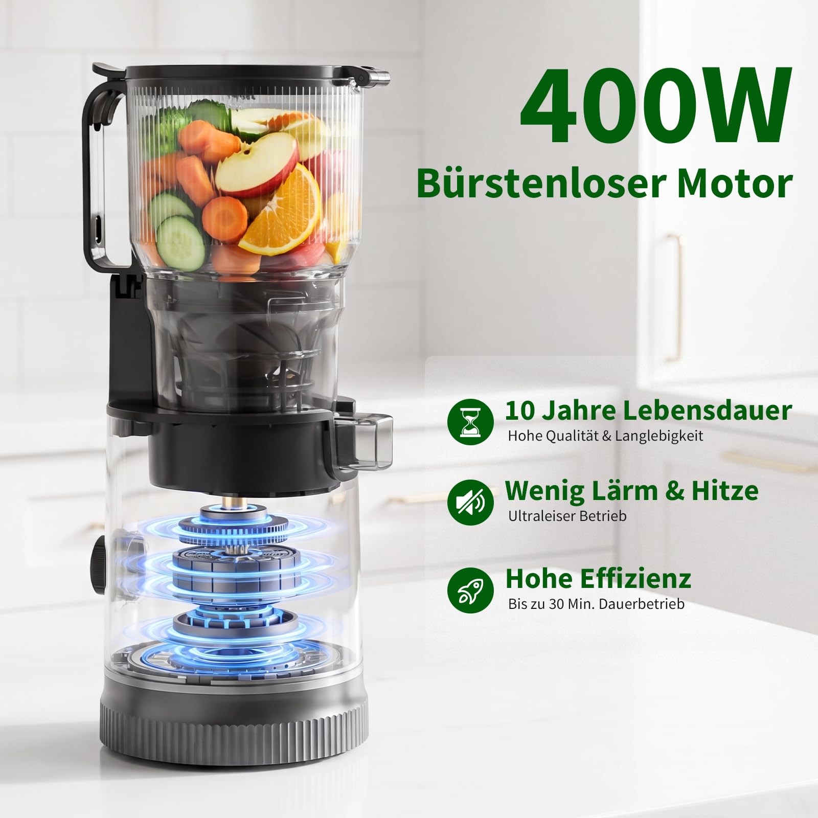 Extracteur de Jus à Froid 400W, Goulotte XL 152 mm, Tamis 3-en-1, Sans BPA, 1,8L