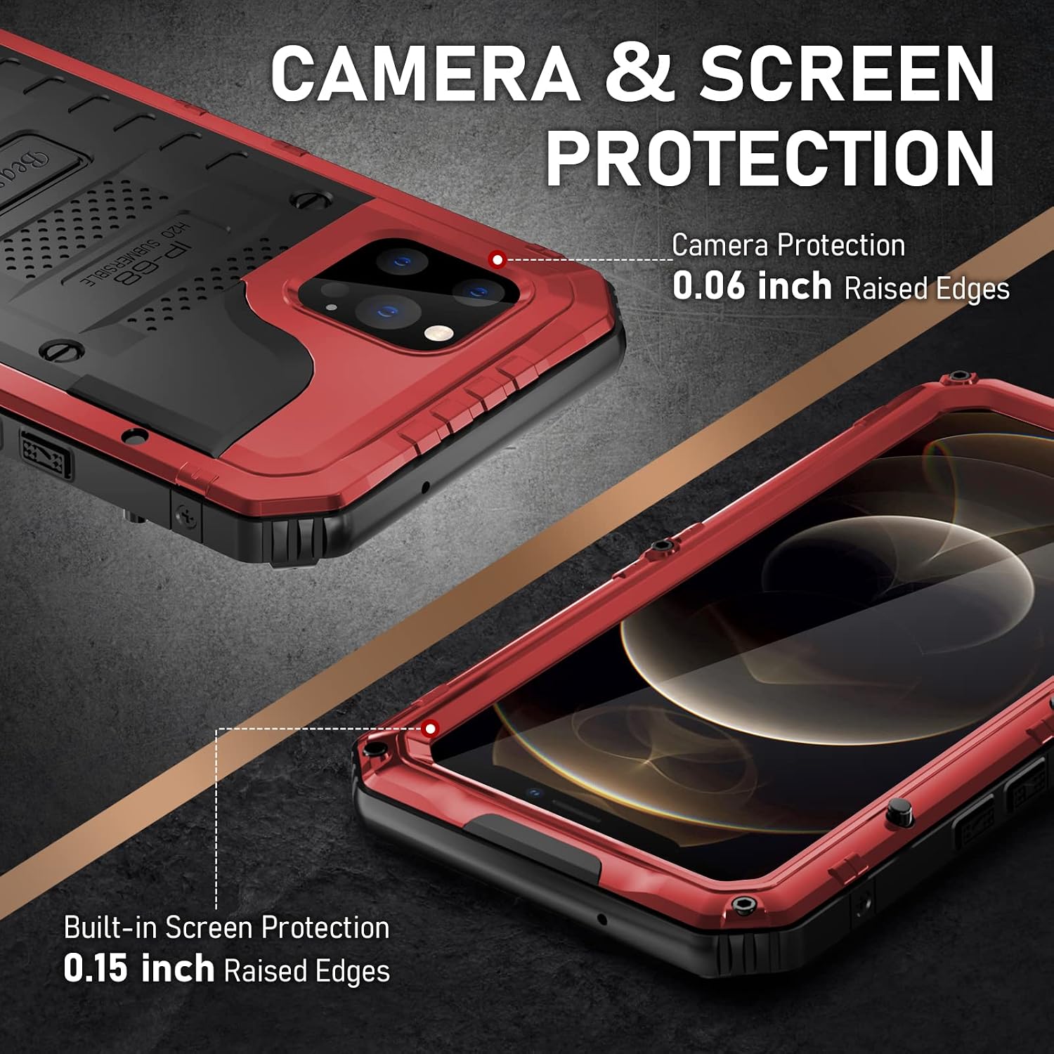Beasyjoy Designed for iPhone 12 Pro Case, Waterproof Case with Built-in Screen Protector Full Body Protective Heavy Duty Rugged Cover, Military Grade Shockproof Dustproof Metal Case 6.1 Inch, Red