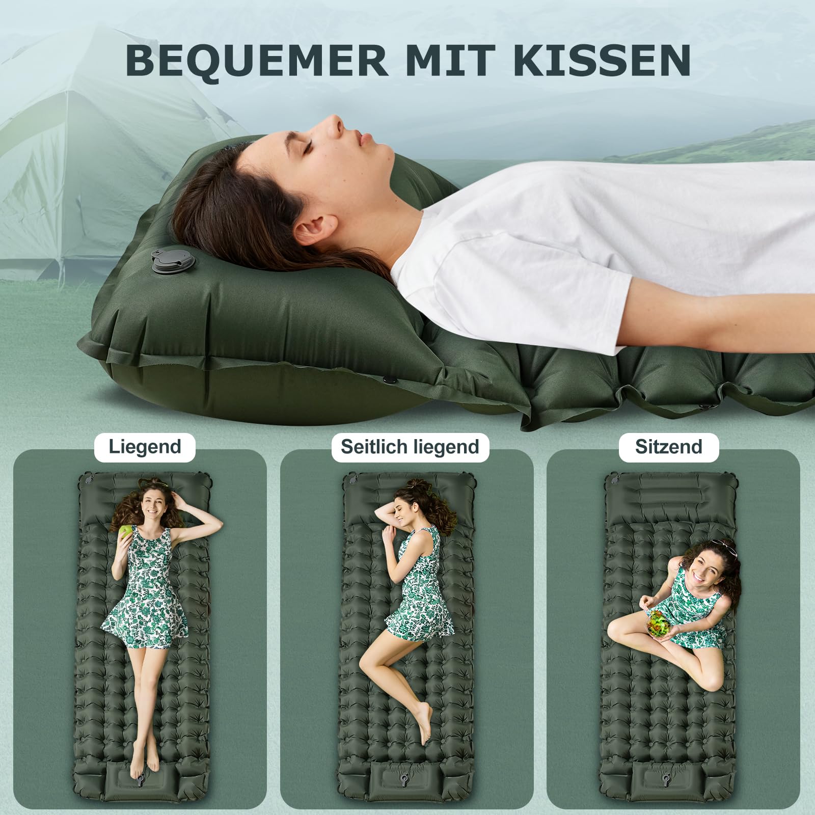 Isomatte Ultraleicht,Luftmatratze Camping,Aufblasbar Matratze mit Fuß pumpe,Tragbar Air Mattress bis Zu 300kg mit kissen,Kompakte und Leichte Schlafmatte für Wandern,Strand,Zelt und Hiking-9cm hoch