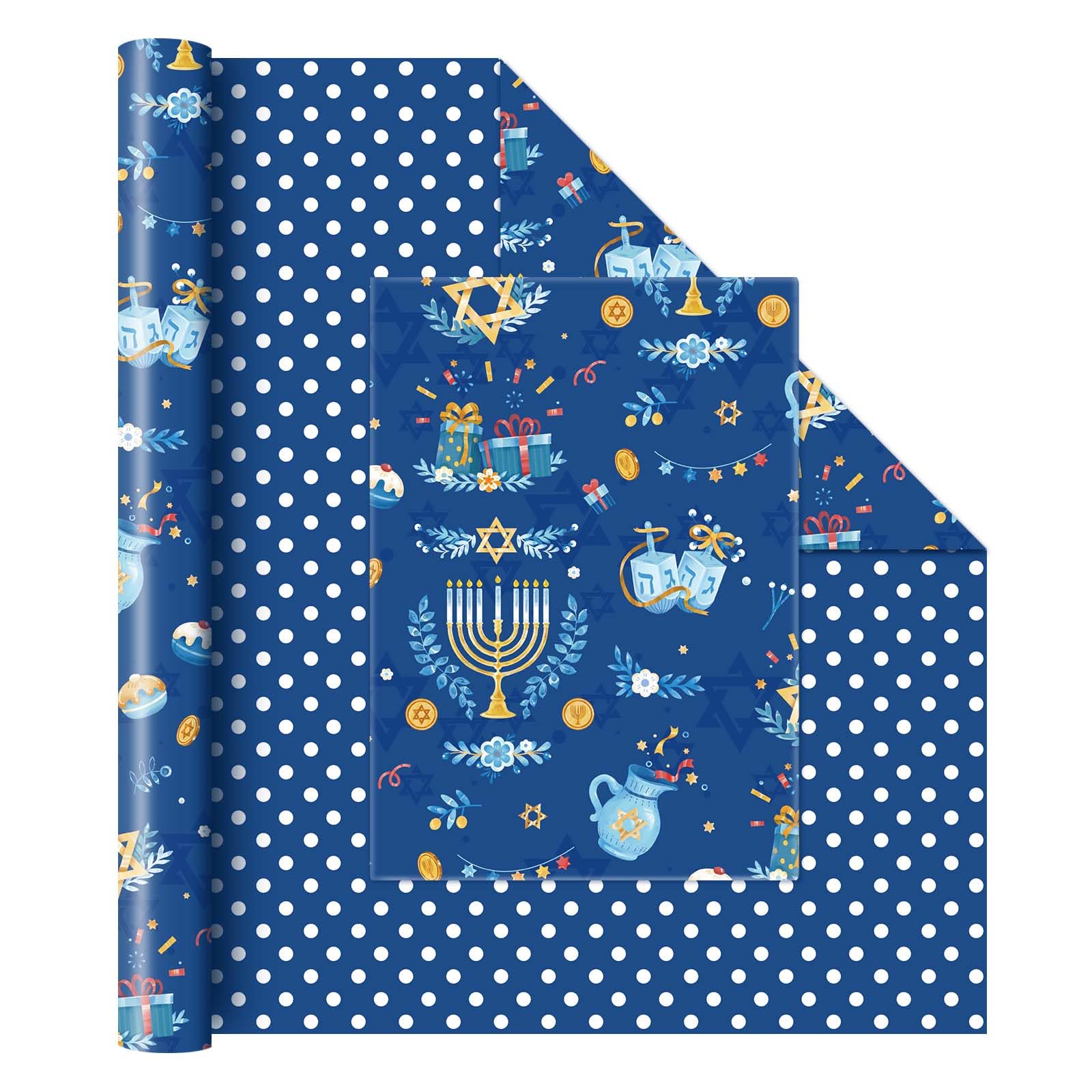 WERNNSAI Hanukkah Wrapping Paper - 1 Roll 17” x 33 ft Chanukkah Gift Wrap Roll Reversible the Star of David Candles Menorahs Design Chanukah Celebration Gift Decoration Blue Gift Favor