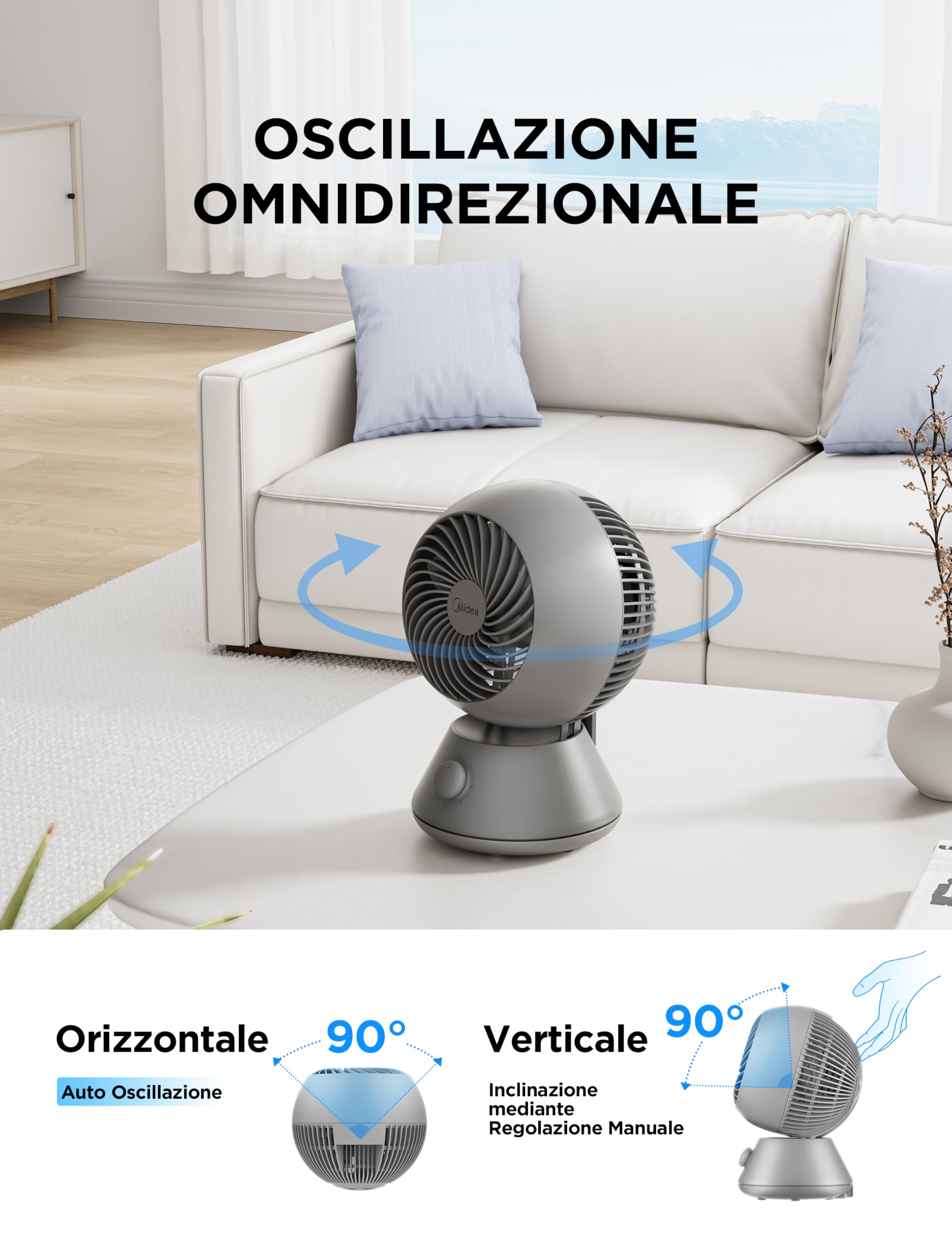 Midea MDF24JG Ventilatore da Tavolo Slienzioso 28dB, Diametro 20 cm per Circolazione Aria, Portata Potente 15m, Oscillazione 90°+90°, 3 Velocità Regolabili, Design Ultra per Camera e Ufficio