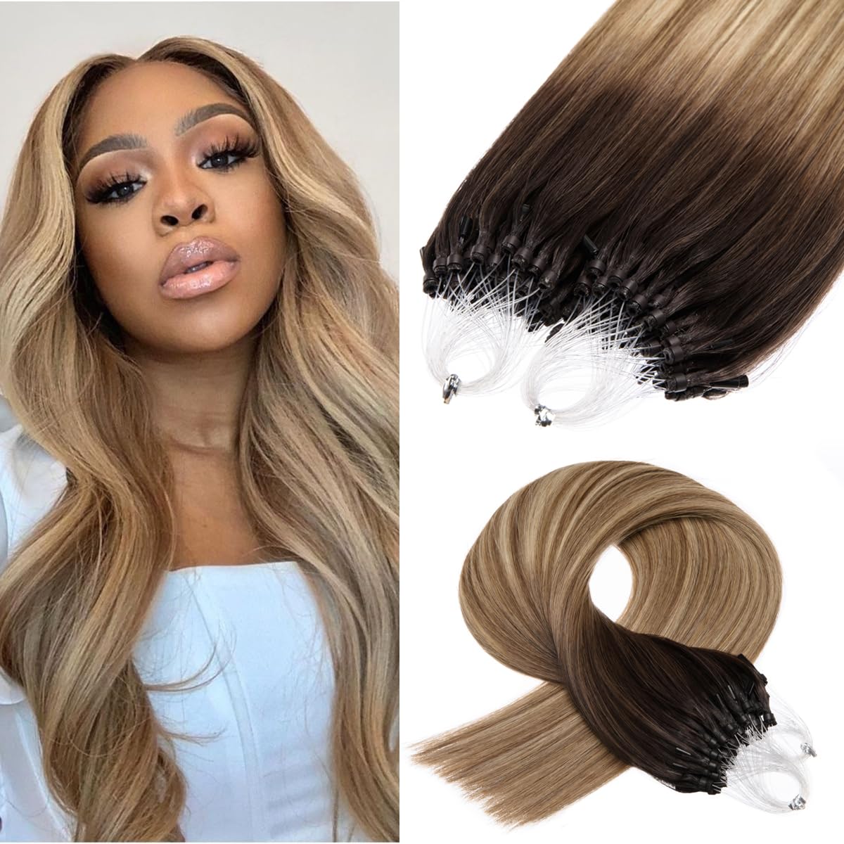 Kpvxxve Hair Extensions Real Human Hair Micro Link Extensions Brown to Blonde Micro Ring Human Hair Extensions 18 Inch #3/8/22 Ombre Microbead