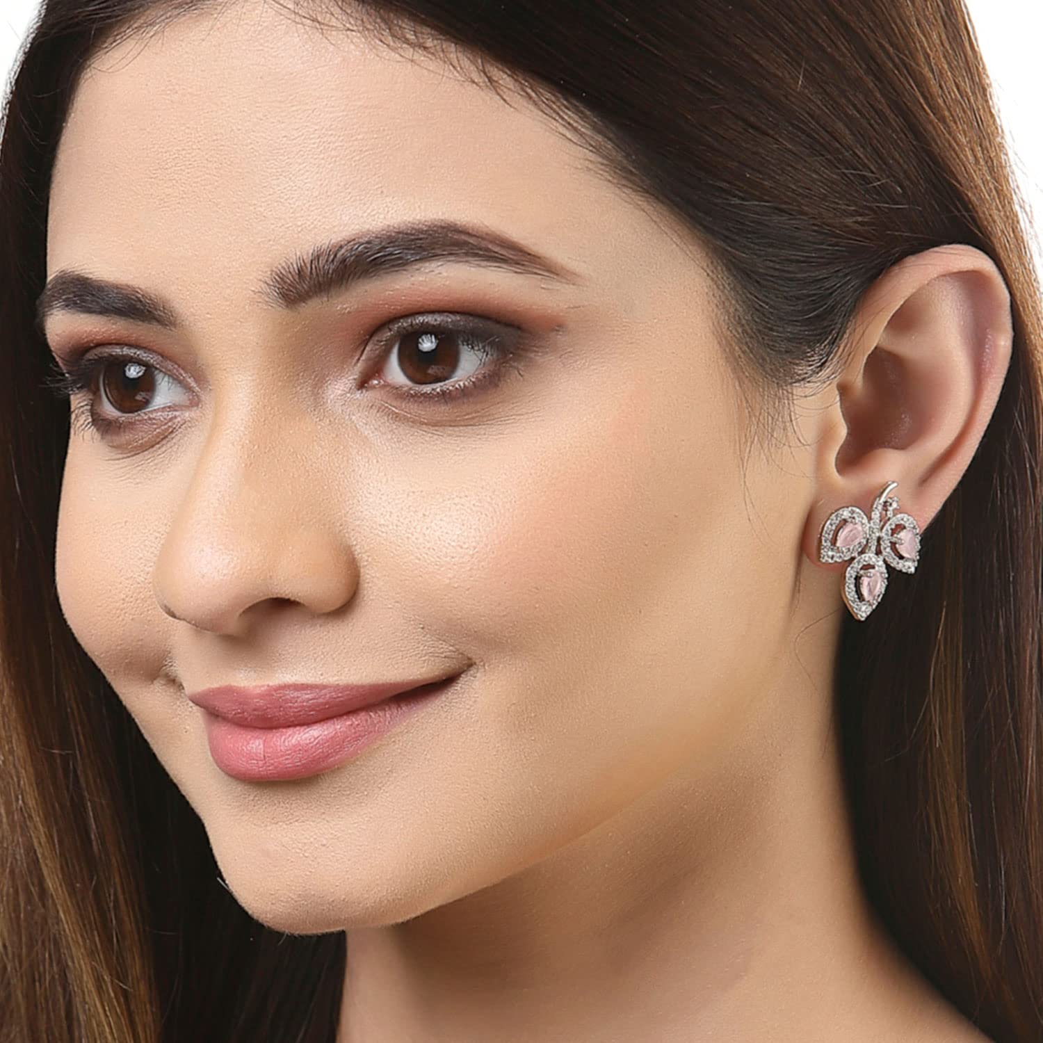 Leaf Shaped Rhodium Plated AD Stud Earring (Pink)
