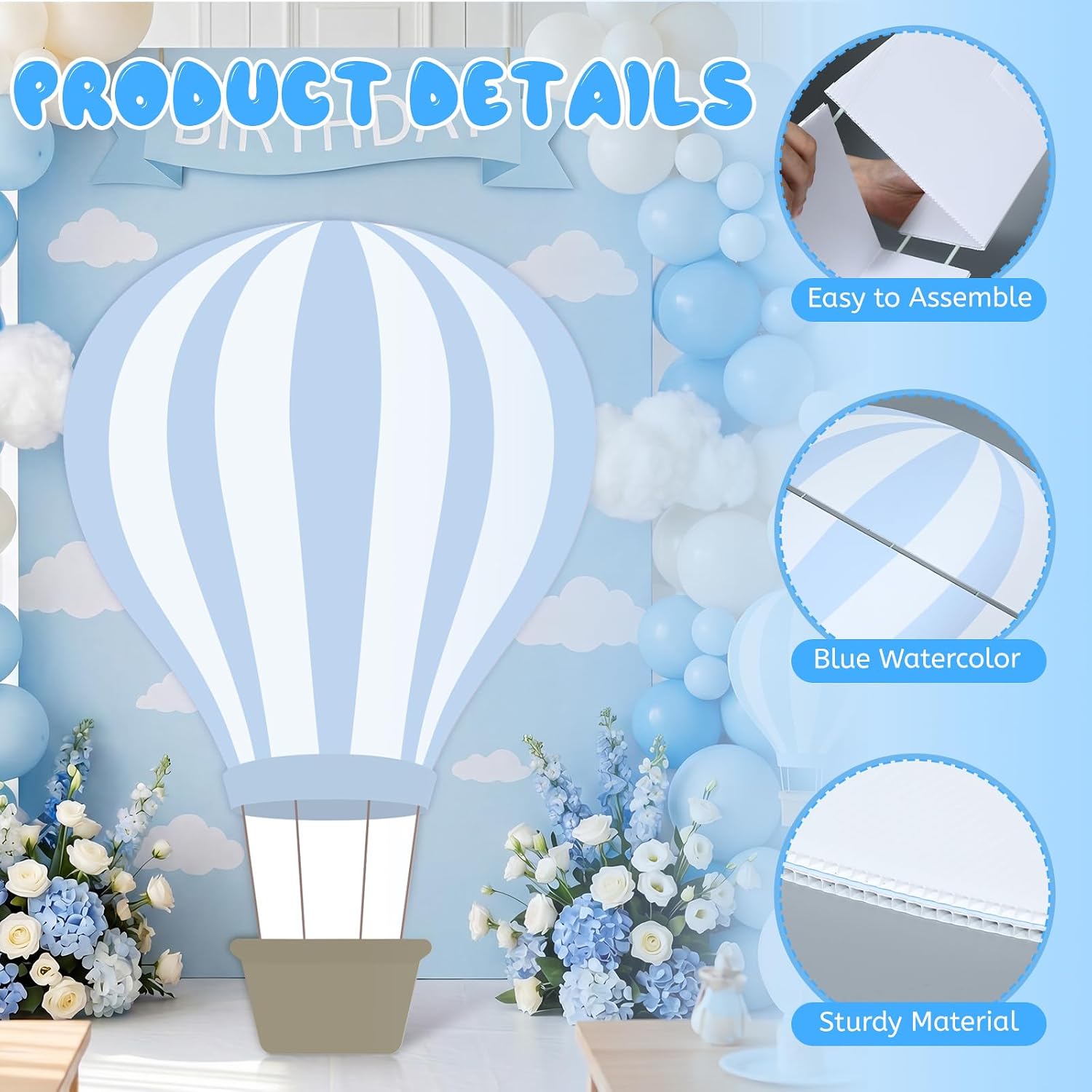 WinnerWhy 3.94 X 2.62 ft Hot Air Balloon Baby Shower Decorations, Large Blue Hot Air Shaped Cardboard Cutout, Life-Size Standup Photo Booth Props for Birthday Party Celebration Backdrops Decor
