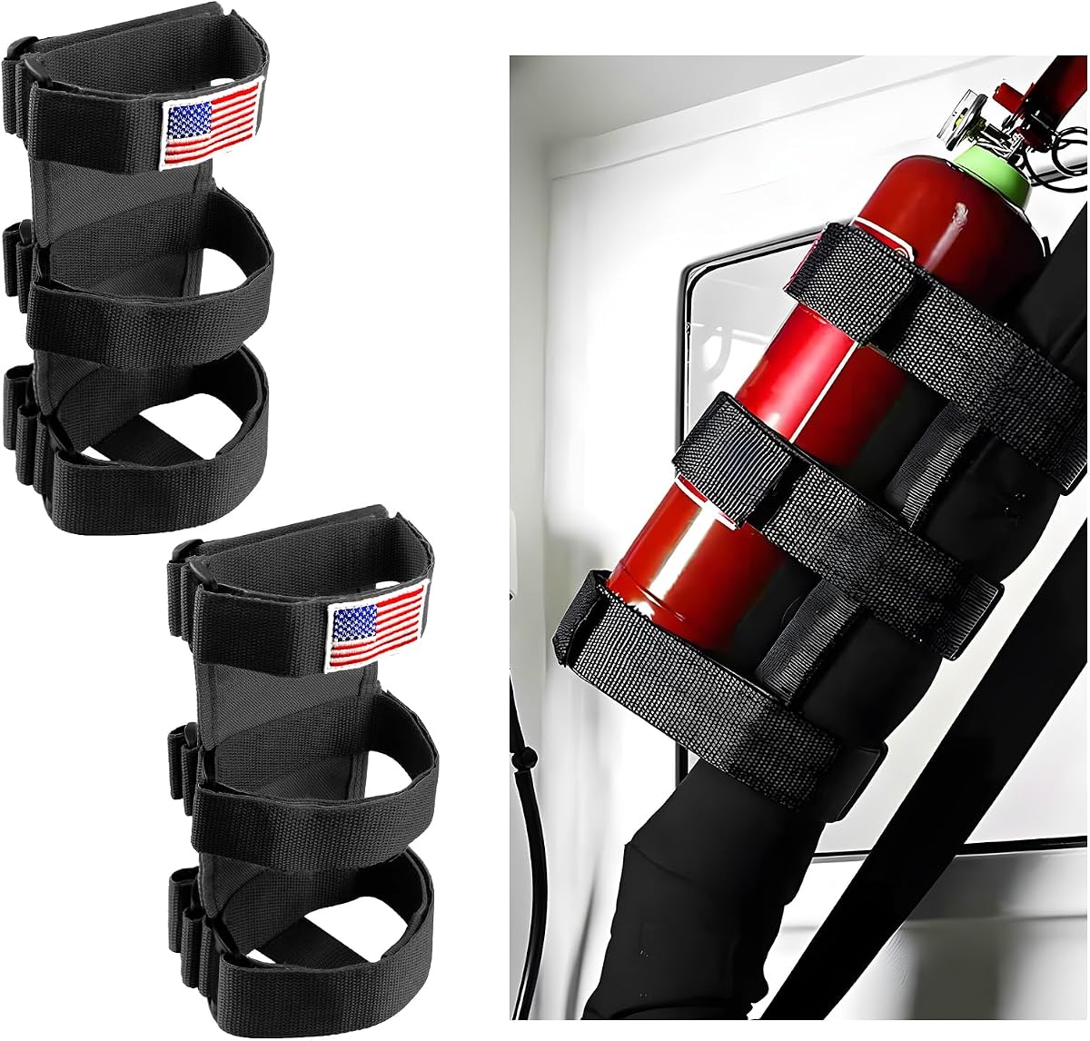 2 PCS Fire Extinguisher Holder, Adjustable Roll Bar Extinguisher Strap with American Flag Pattern, Secure Roll Bar Fixed Belt for 2.5-3LB Fire Extinguishers, Car Accessories