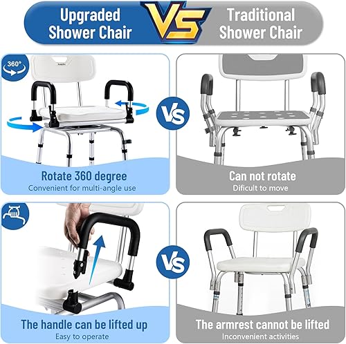 Miniatura 7 de Ameierlive - Silla de ducha con reposabrazos y respaldo para ducha interior, asientos de baño con rotación de 360 para ancianos, discapacitados,