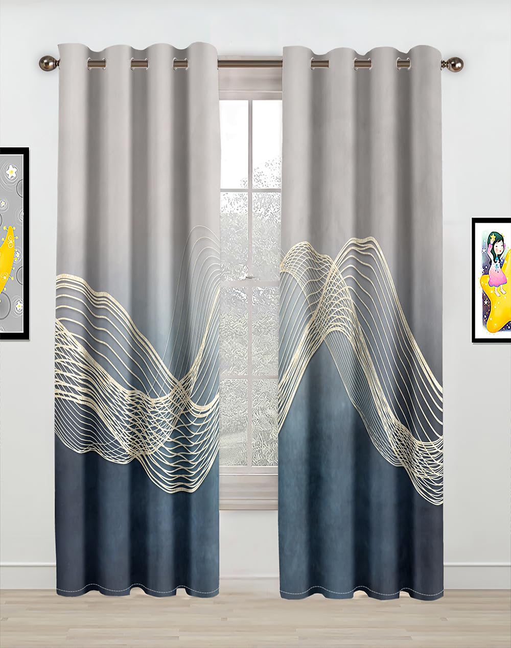 Moderne Abstrait géométrique Art Design Noir Blanc 2 pièces Fin drapé Rideau de fenêtre pour Salon Chambre décor-3,100W160H(CM) 40x63in,Grommet Top