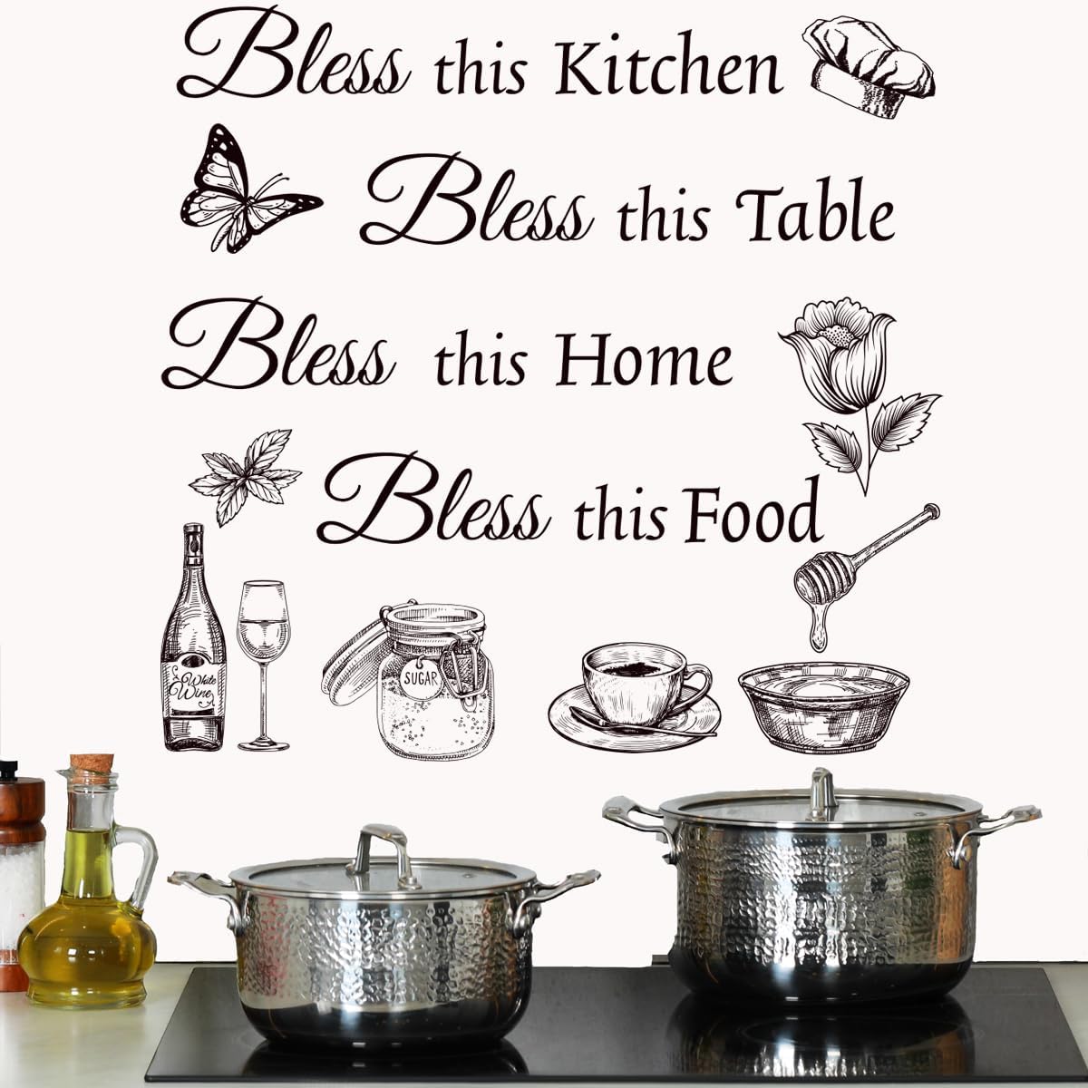 Kitchen Wall Stickers Dining Room Decals Decor Bless This Kitchen Wall Decal Thankful Grateful Blessed Quote Utensil Art Decorations for Home Coffee Shop Wall Decor