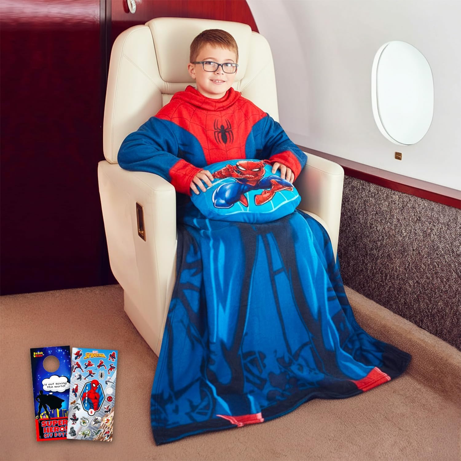 Spider-Man Spiderman Travel Blanket and Pillow Set - Bundle Wearable Blanket with Arms, Cloud Pillow, Stickers, More | Spiderman Travel Accessories for Kids, Boys