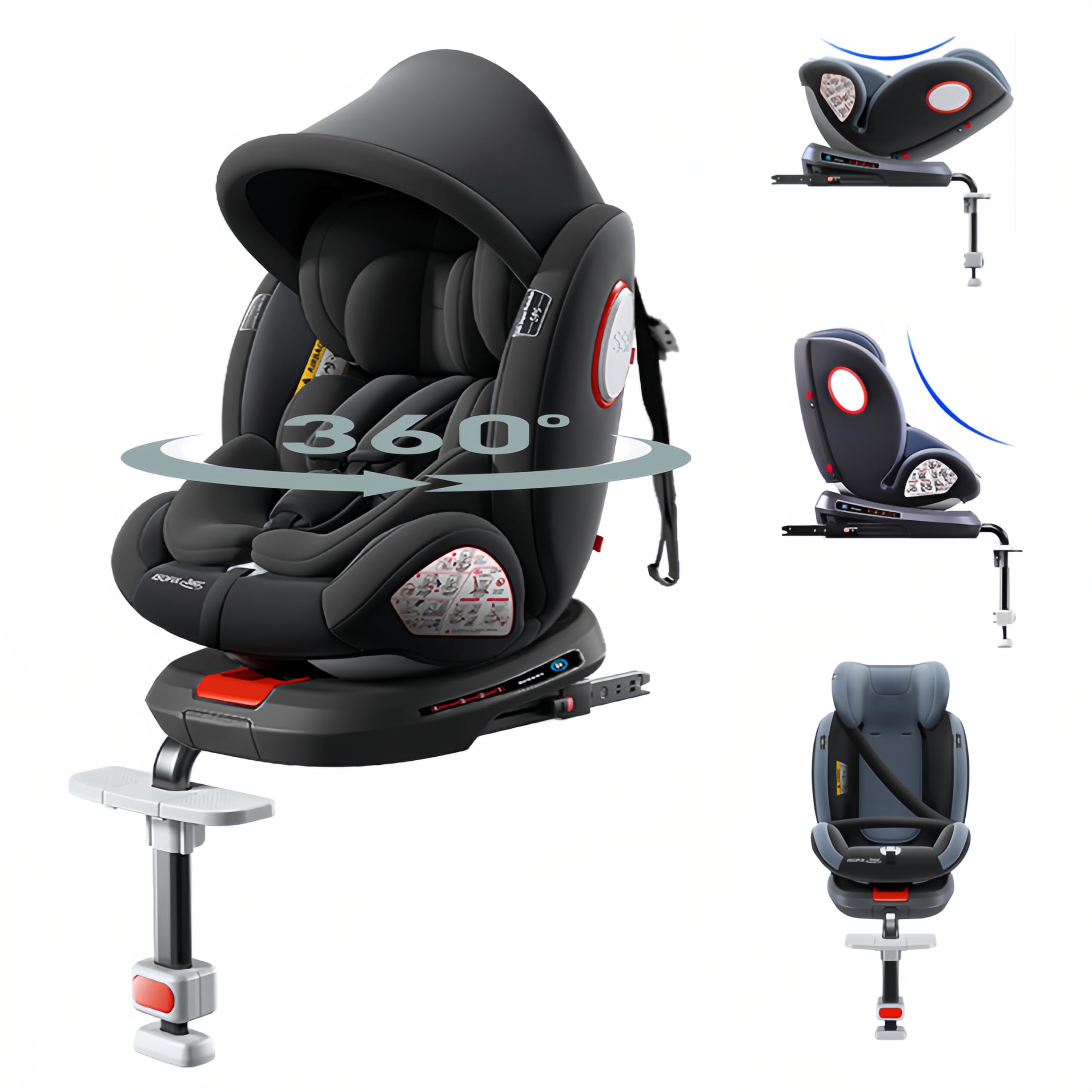 Silla de Auto Giratoria De 360° con Reposacabezas Ajustable, Asiento de Bebé Ajustable Multifunción, Funda de Tela Extraíble para El Asiento, Capota y Reposapiés (Black High Version)