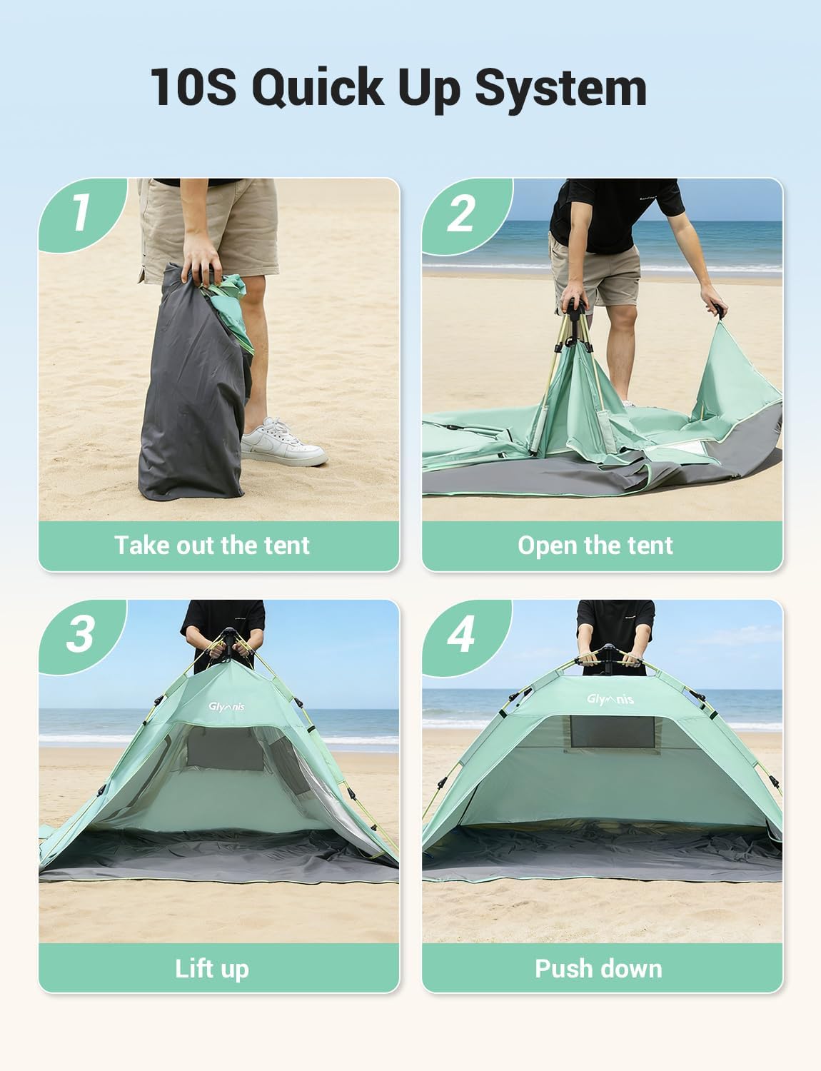 Glymnis Pop Up Beach Tent Sun Shade Shelter for 3-4 Person with UPF 50+, Lightweight & Easy Setup, Vent Windows & Zippered Door, Extended Floor Family Instant Beach Tent