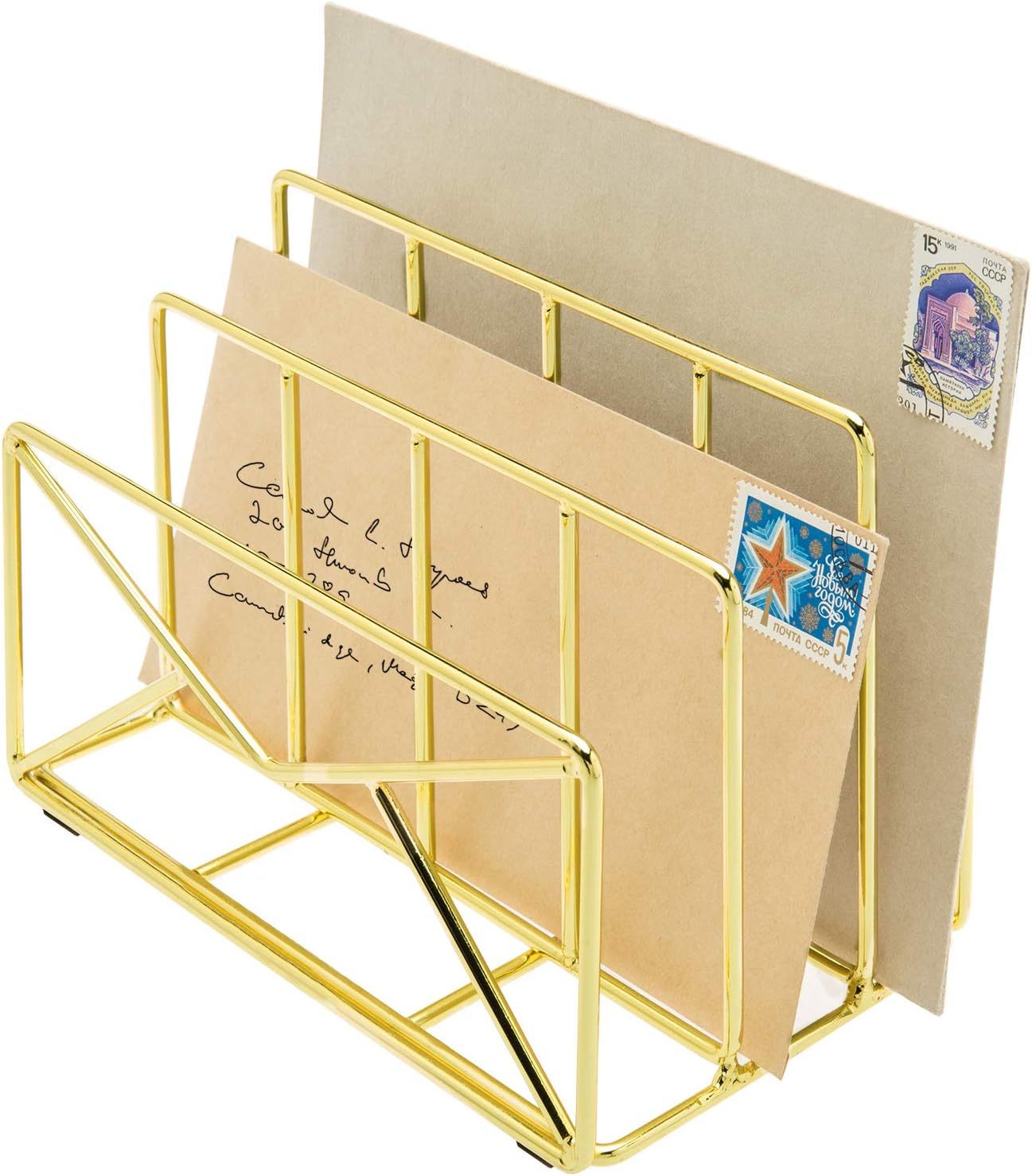 MyGift 3Slot Modern EnvelopeShaped Brass Plated Metal Wire Desktop