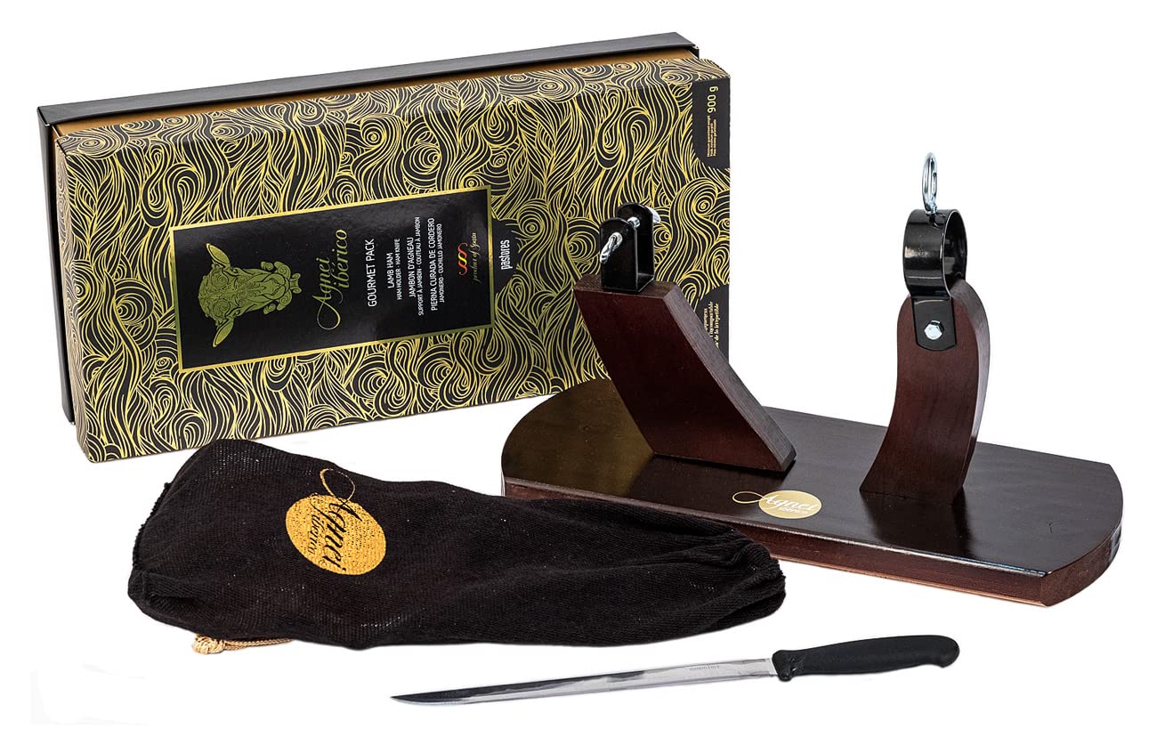 Agnei Ibérico - Pierna Curada de Cordero - Envasada al Vacío - Estuche Regalo con Jamonero y Cuchillo (1 kg Aprox)