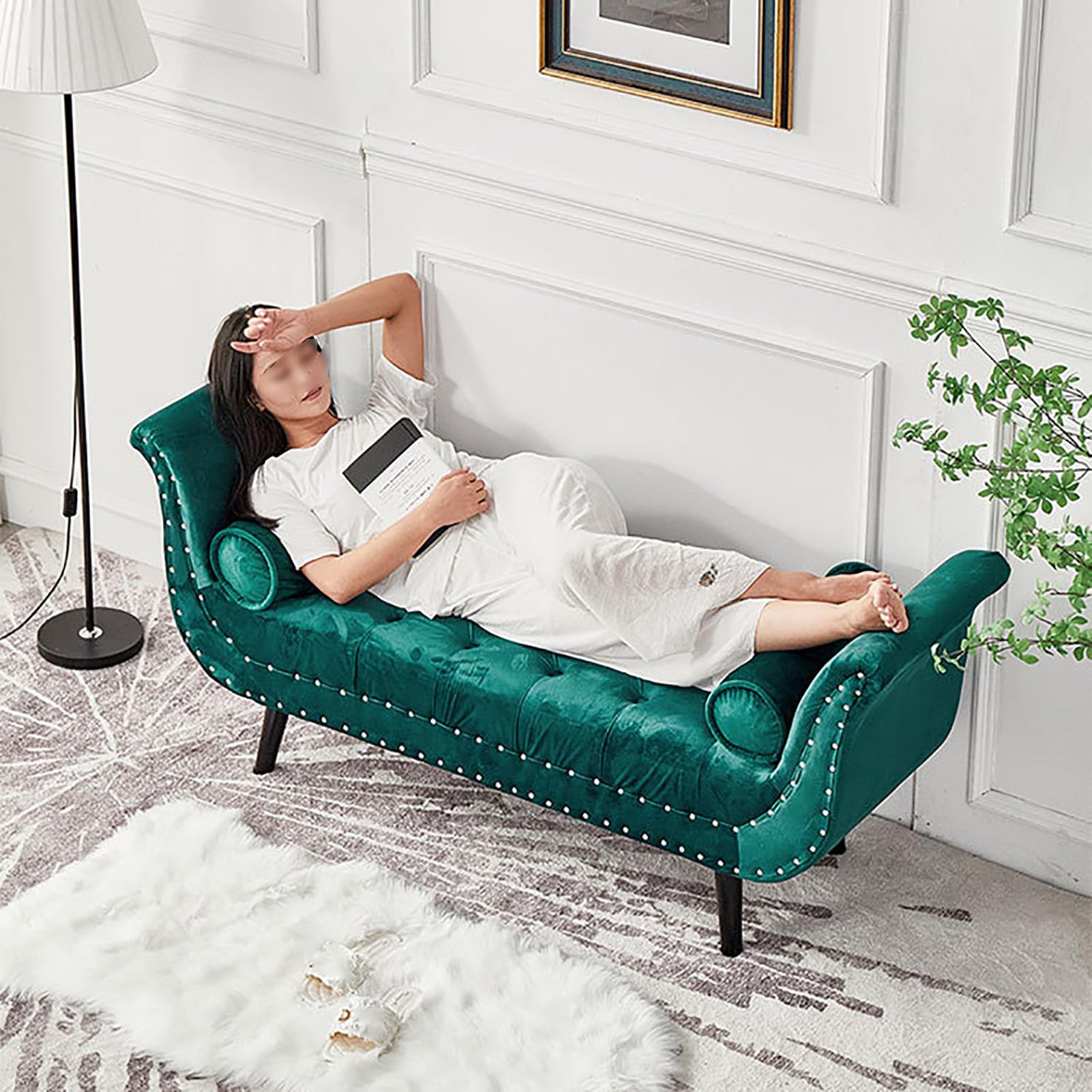 Panca ottomana lussuosa in velluto arrotolata, per camera da letto e soggiorno, con bottoni, imbottita, elegante, con gambe in legno (120 cm, 47 blu A)