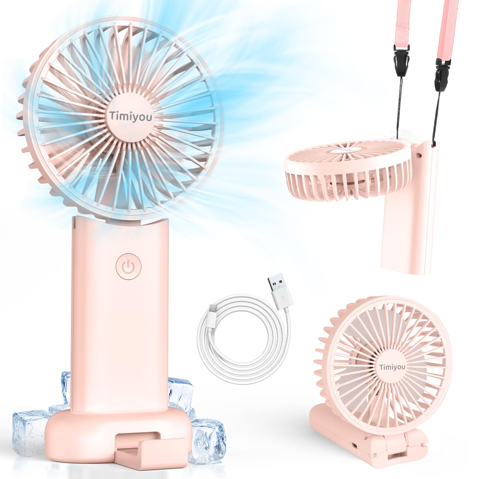 Timiyou Handventilator, Mini Ventilator für Unterwegs, Ventilator Klein mit Lanyard und Base, Handventilator Akku Aufladbar, Usb Ventilator für Outdoor Camping Büro Hause Reisen(Weiß)