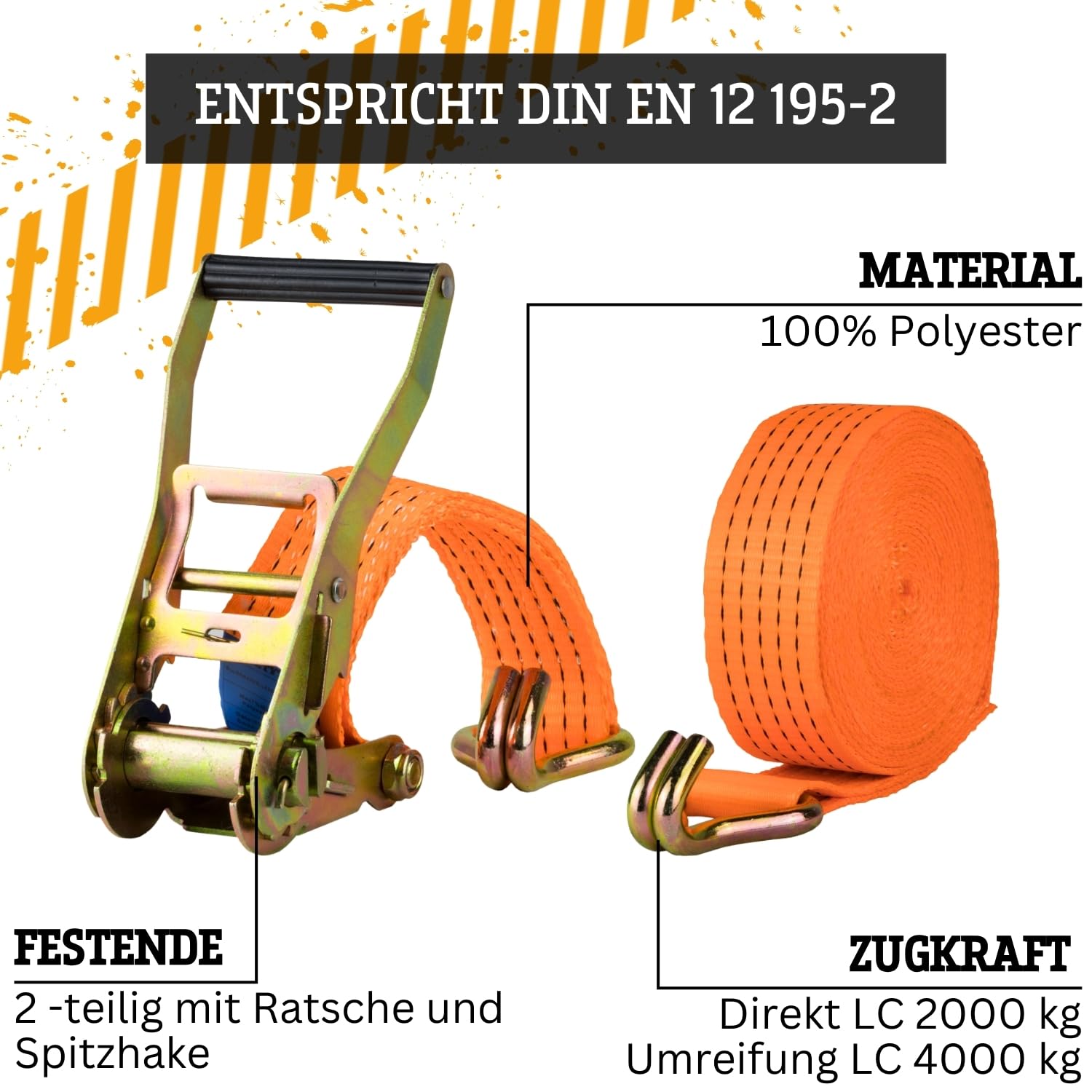 Safetytex Spanngurt 4t 50 mm x 2 m - 2-teilig mit Ratsche & Spitzhaken - hochwertiger Spanngurt aus Polyester - Zugkraft 4000 kg, für Transport & Sichern von Lasten (10 Stück)