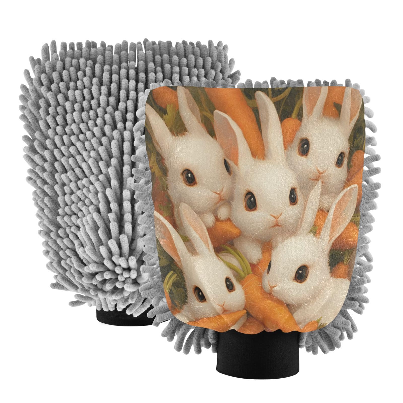 STAYTOP Rabbit and Carrot Car Wash Mitt Microfiber, 2Pcs Scratch Free Lint-Free, Premium Chenille Microfiber Mitt Car Wash Brush-L