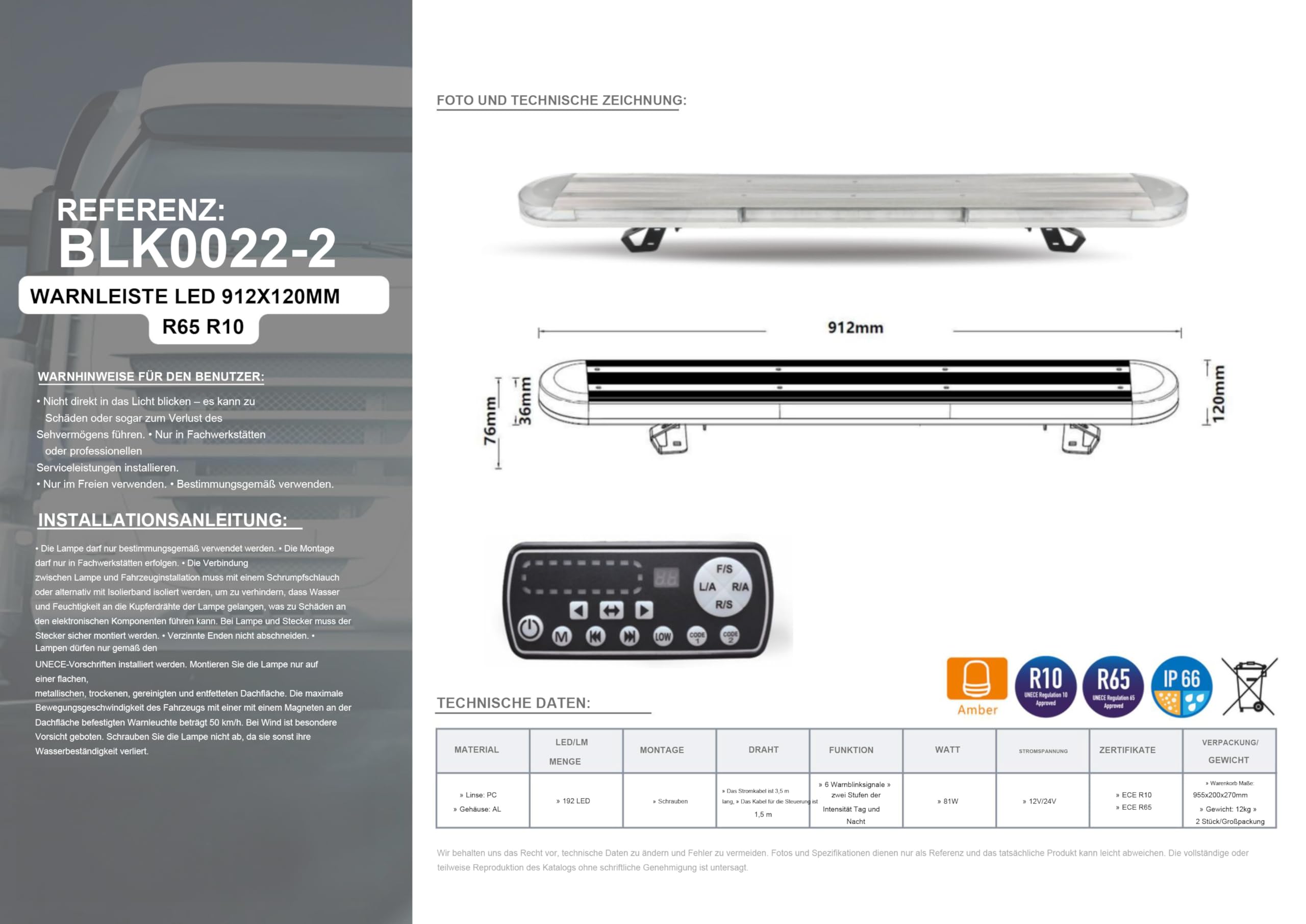 LED Warnbalken Warnleuchte Leuchtbalken Dachbalken 912 mm mit Fernbedienung