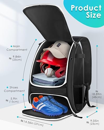 Miniatura 4 de BROTOU Bolsa de béisbol, bolsa de softbol para equipo de béisbol y bate de T-Ball, mochila de béisbol con compartimento para zapatos para