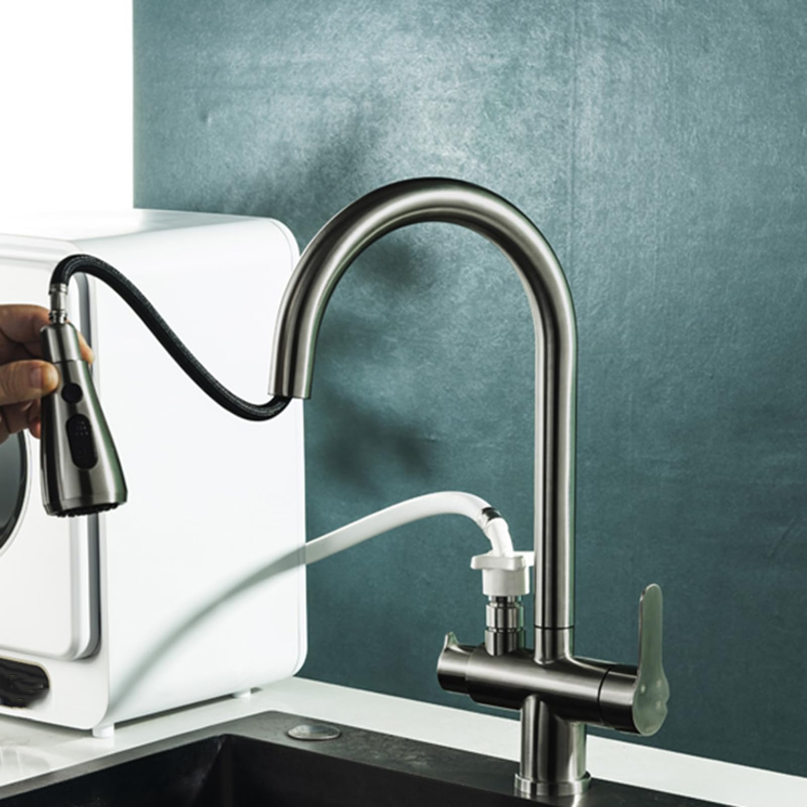 ZQFHSX Kitchen Tap Pull Out Swivel Stainless Steel with Dishwasher Connector