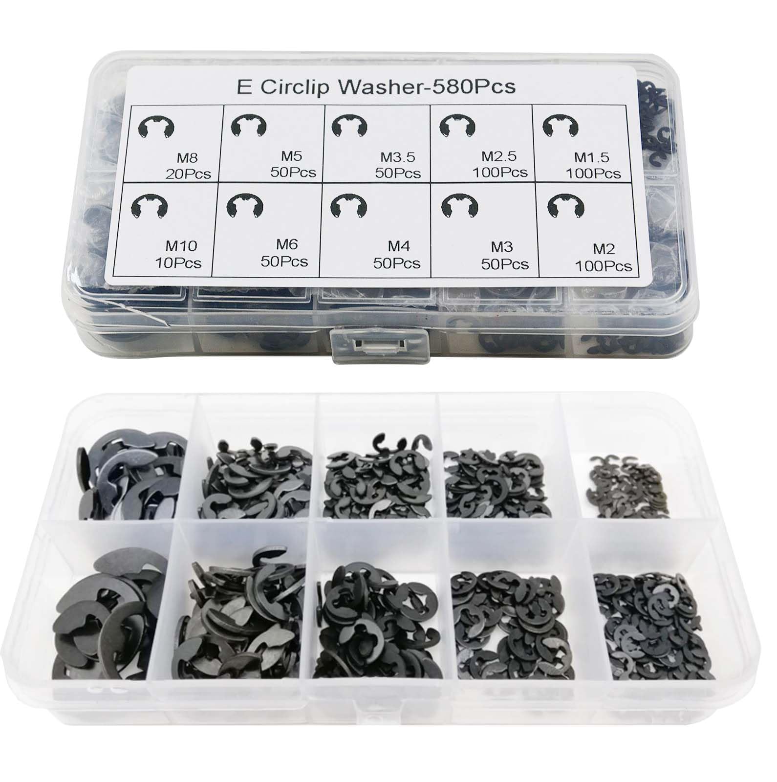 Qxinq Black 580 Pcs Circlips Assorted Sizes, E-Clips, External Retaining Ring E-Clips, Snap Opening Ring Circlips Kit, Carbon Steel E Clips Assortment Kits, C-Clips, M1.5-M10