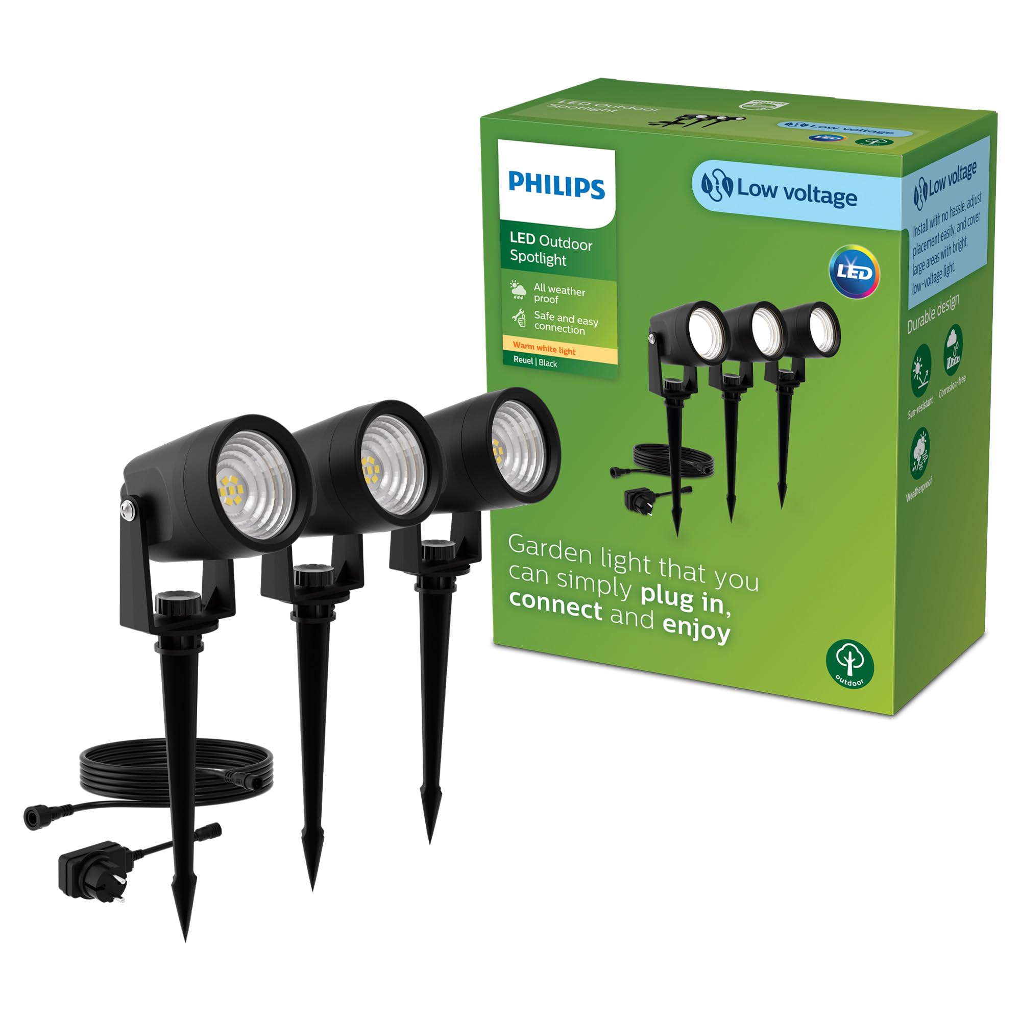 Philips GardenLink Reuel, Faretto per Esterni, 24 V, 2700 K, 180 lm, Nero, Starter Kit, Confezione da 3, presa UE