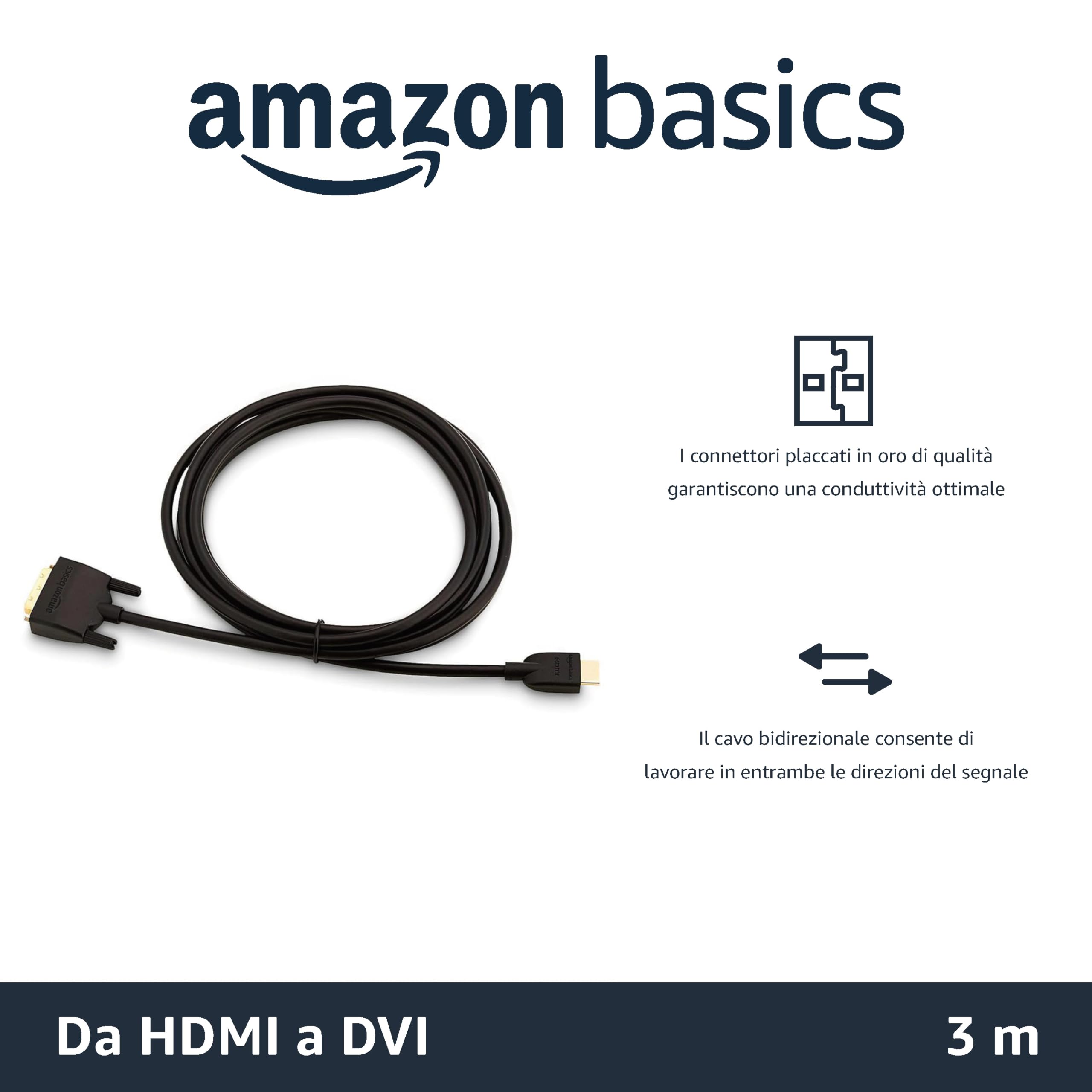 Amazon Basics - Cavo adattatore da HDMI-A a DVI (maschio), bidirezionale, 1080P, placcato oro, 3 m, confezione da 1, nero