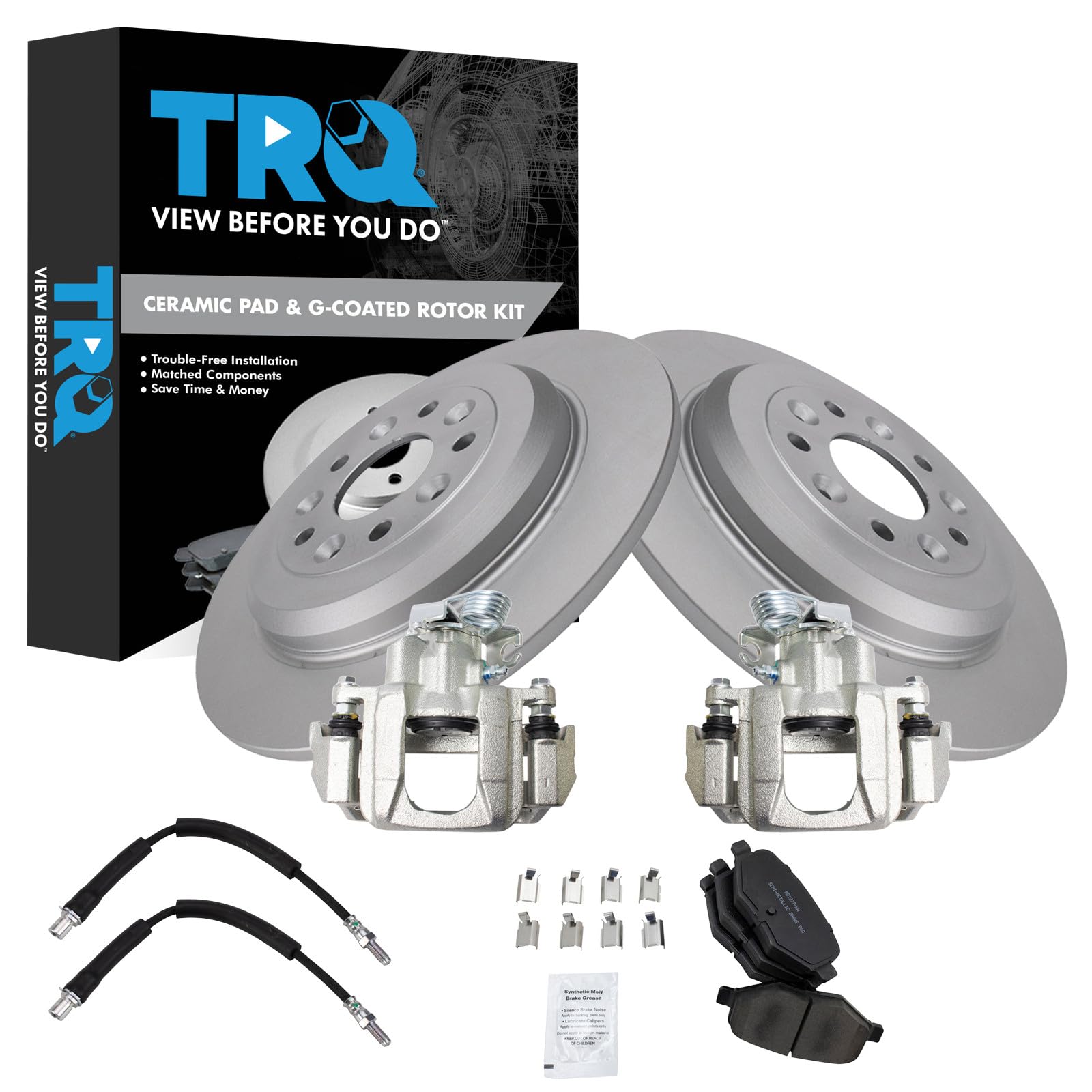 TRQ Rear Brake Pad and Rotor Set Ceramic G Coated Rotors Calipers Compatible with 2009 Ford Flex 2010-2012 Taurus 2009-2012 Lincoln MKS