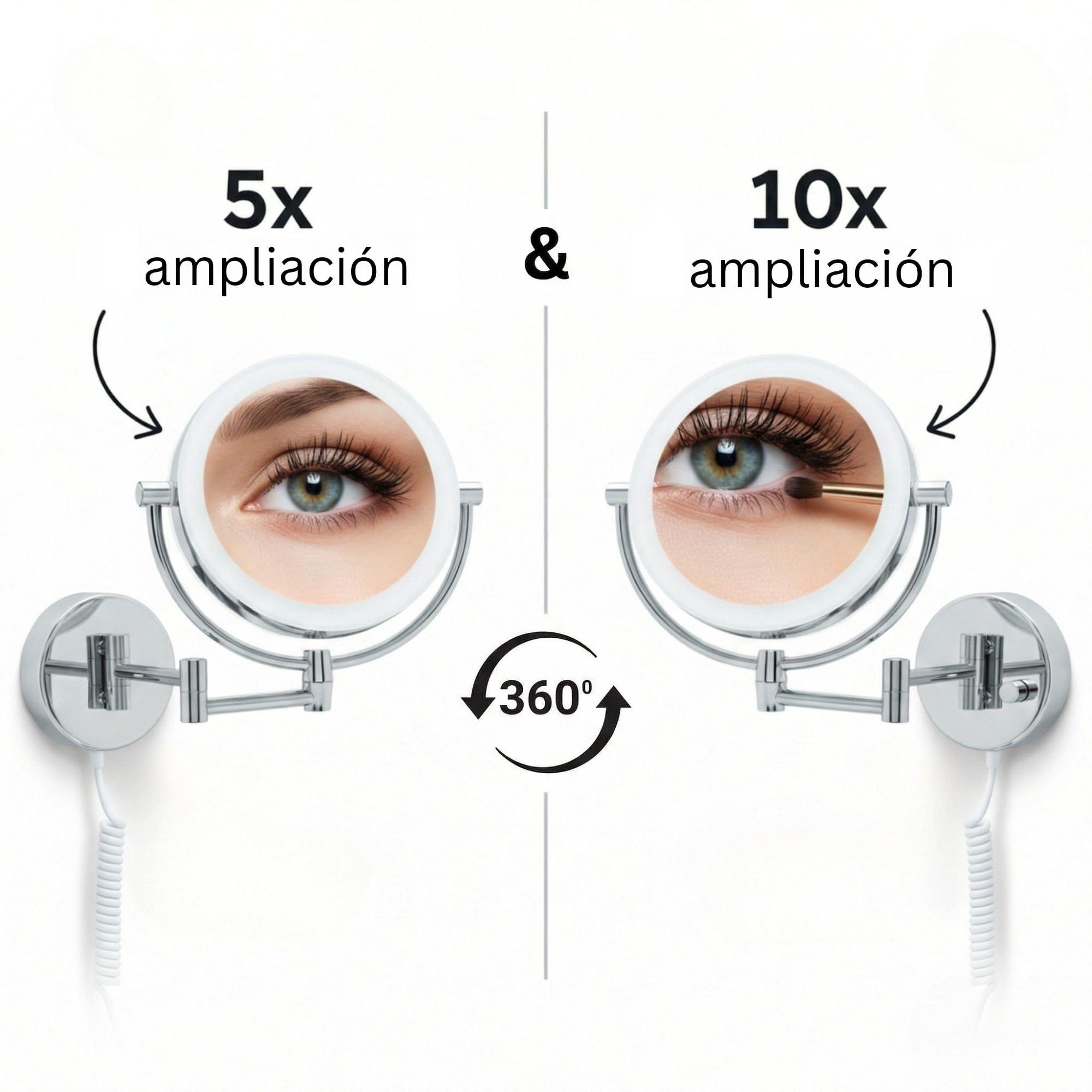 Modena Espejo de Aumento de Pared con LED – Espejo de Maquillaje Giratorio 360° con Atenuador, Luz Natural e Ingrandimento 5x/10x