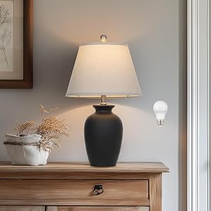 Cinkeda 22" Black Ceramic Farmhouse Table Lamp with Ginger Jar Design - for Living Room,Dining Room,Bedroom,Office,Nightstand,End Table